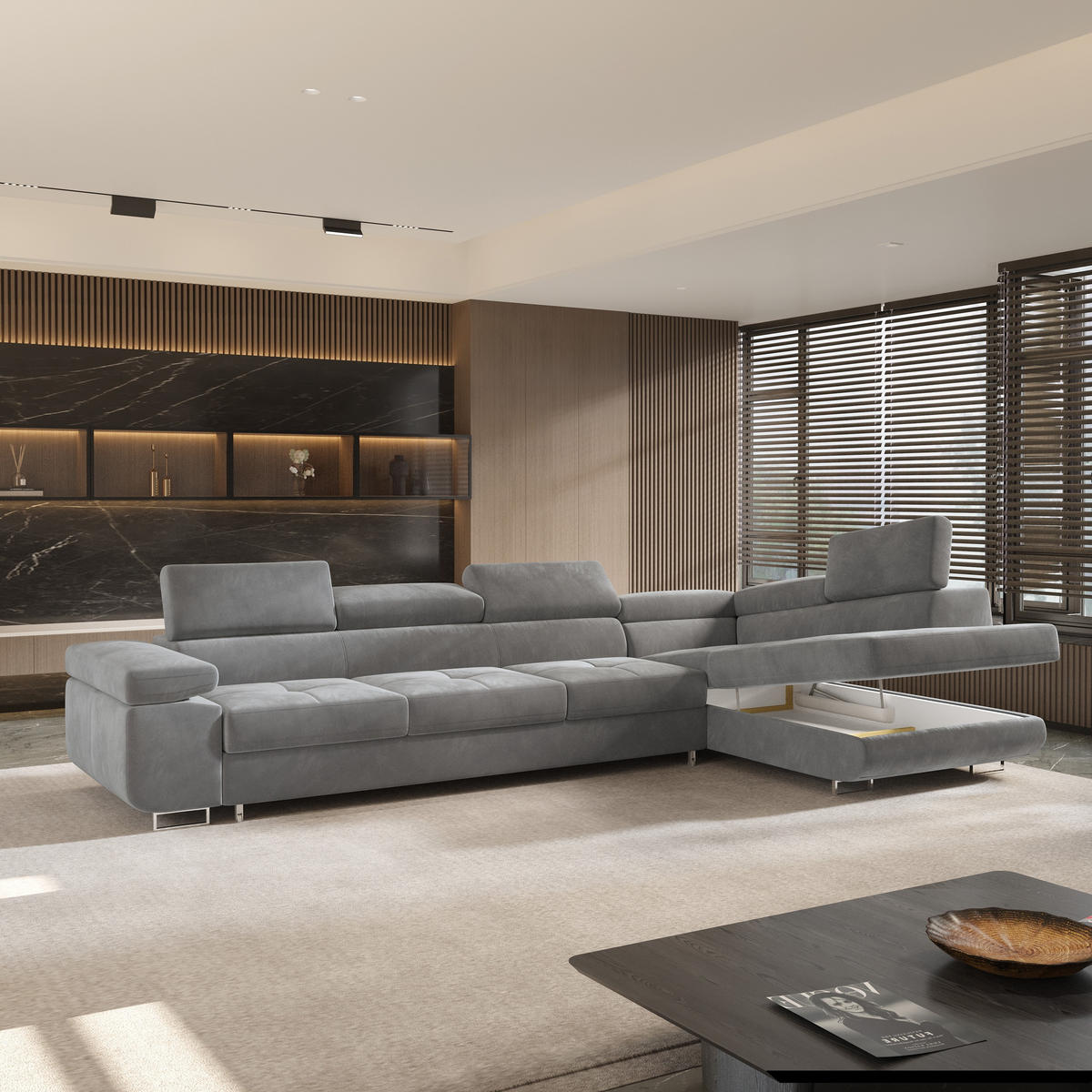 ECKSOFA VICENTE Grau Velours-Stoff mit Schlaffunktion - Grau, Holz (346/202cm) - MASSENO