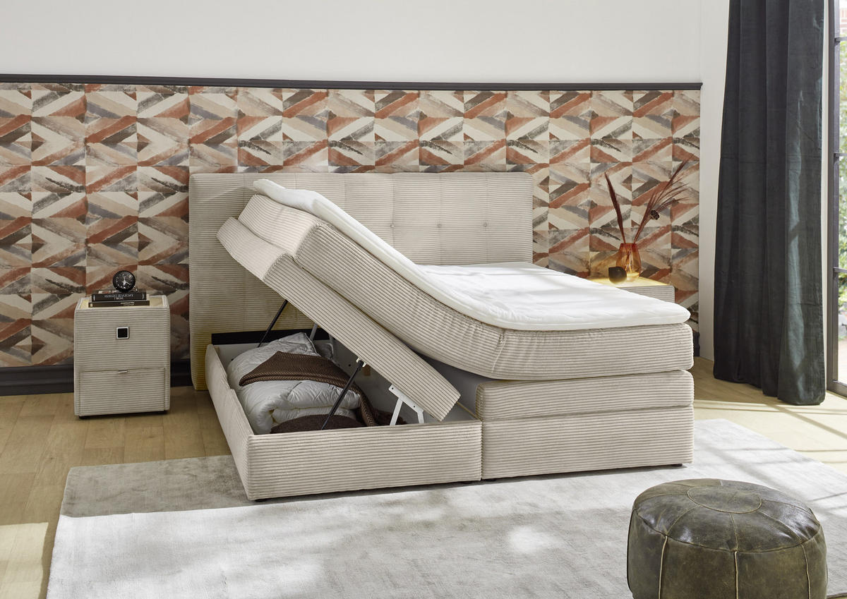 BOXSPRINGBETT 180x200 cm, 7-Zonen-Tonnentaschen-Federkernmatratzen H3, Topper, Bonell-Federkern, 2 Bettkästen, Cord Beige Grau / 20039 - Greige/Beige, Kunststoff/Textil (180/200cm) - luma-home