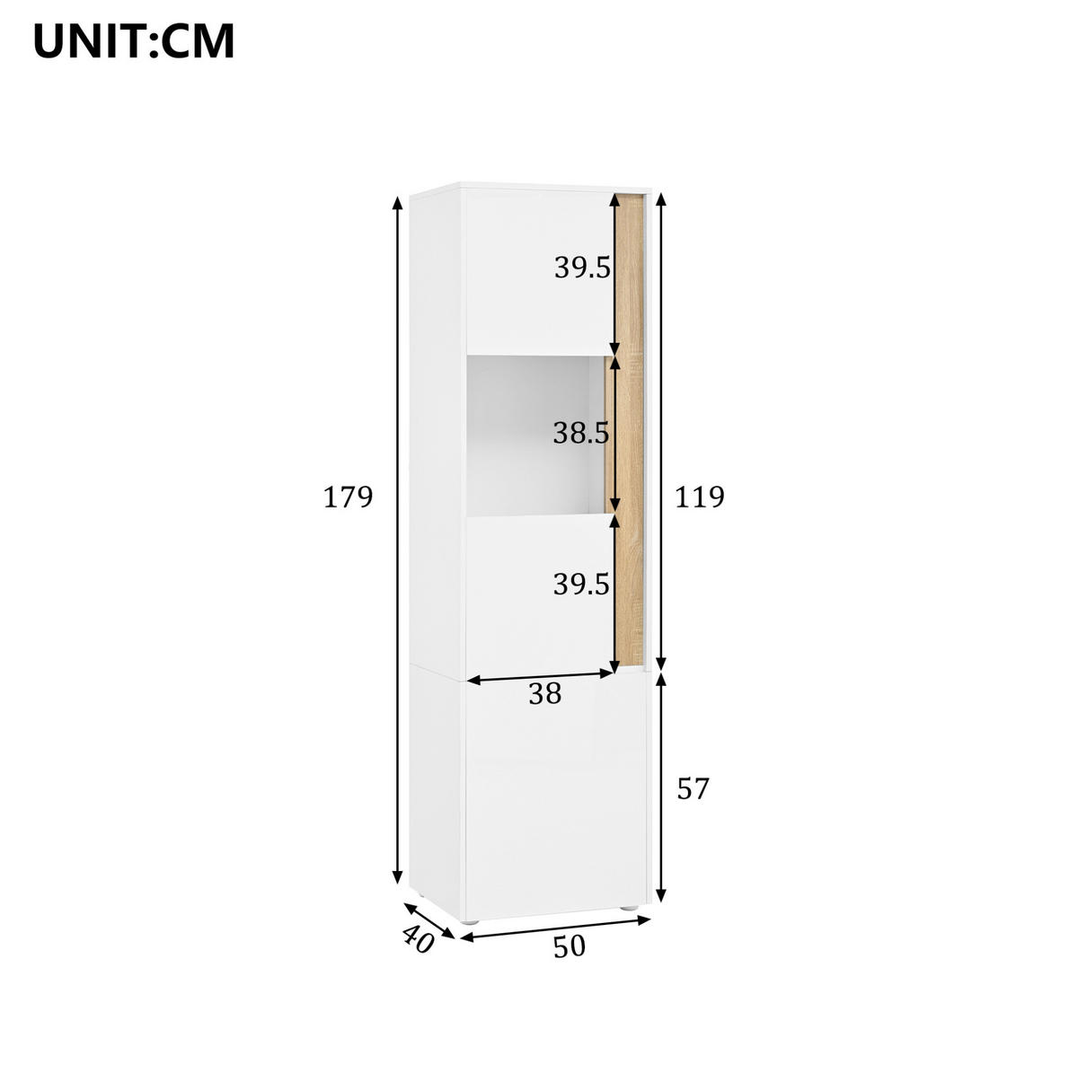 VITRINE 40/50/179 cm mit LED-Beleuchtung und Acryltür aus Spanplatte, Natur/Weiß - Naturfarben, Holzwerkstoff (50/179/40cm) - Redom