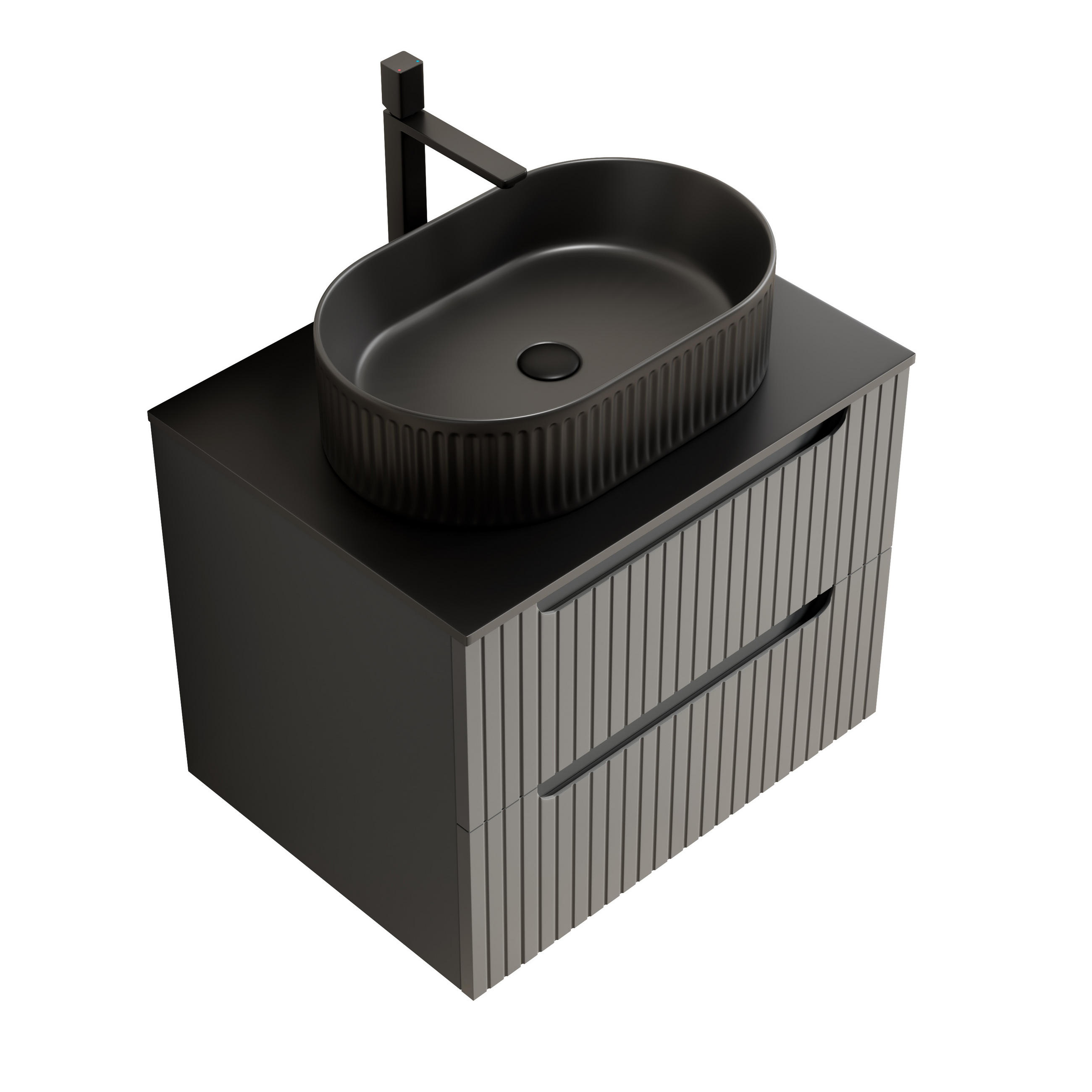 WASCHTISCHKOMBI 60x46x62.2cm Schwarz/Dunkelgrau mit ovalem Keramikbecken & 2 Schubladen - Grau, Keramik (60/62.2/46cm) - Modfu