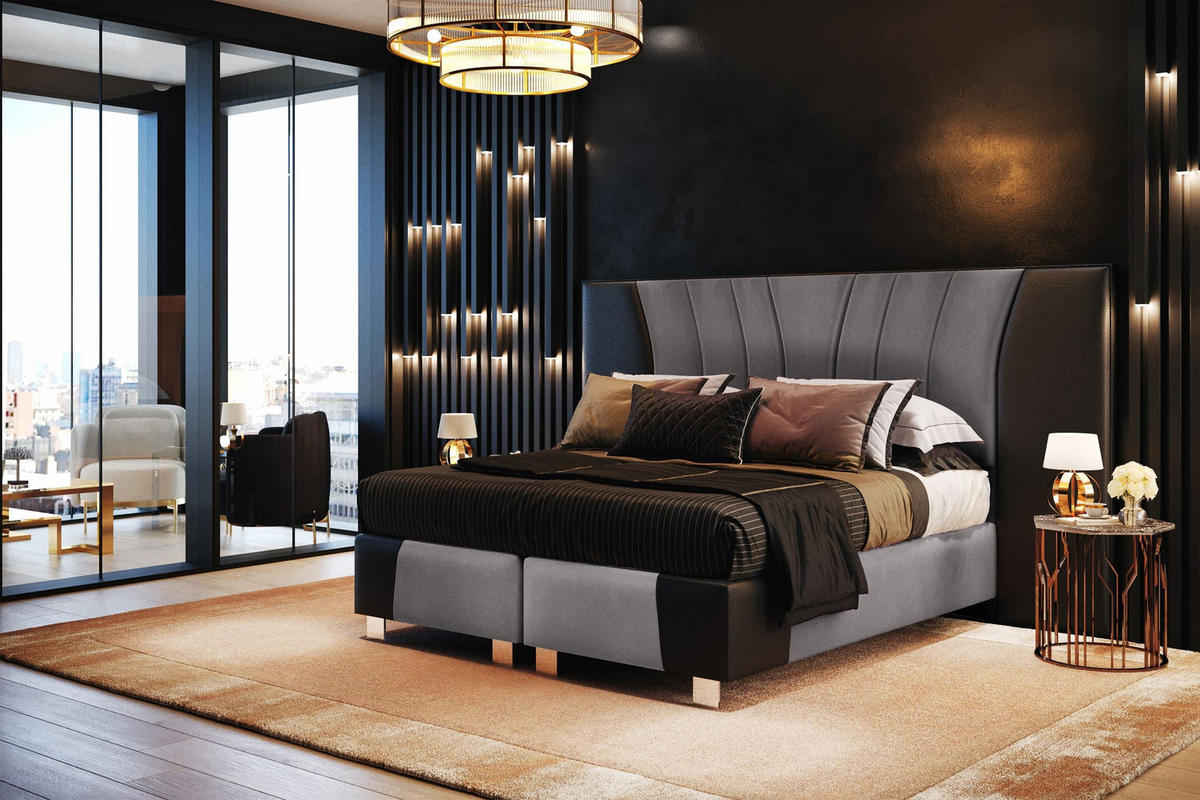 BOXSPRINGBETT IMPERIAL 200x200 cm, Aus Leder und Velvet Bezug, Schwarz Leder + Silbergrau - Silberfarben, Leder/Holz (200/200cm) - Trada