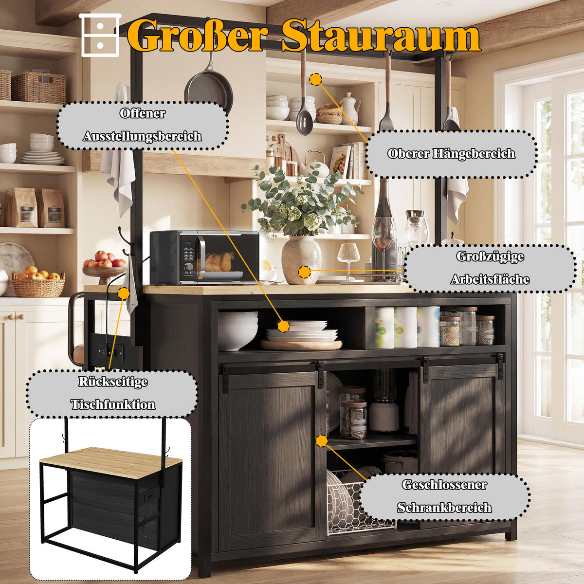 BUFFETSCHRANK Schwarz 107/62/183 cm - Schwarz, Holz (107/183/62cm) - PANGIVO