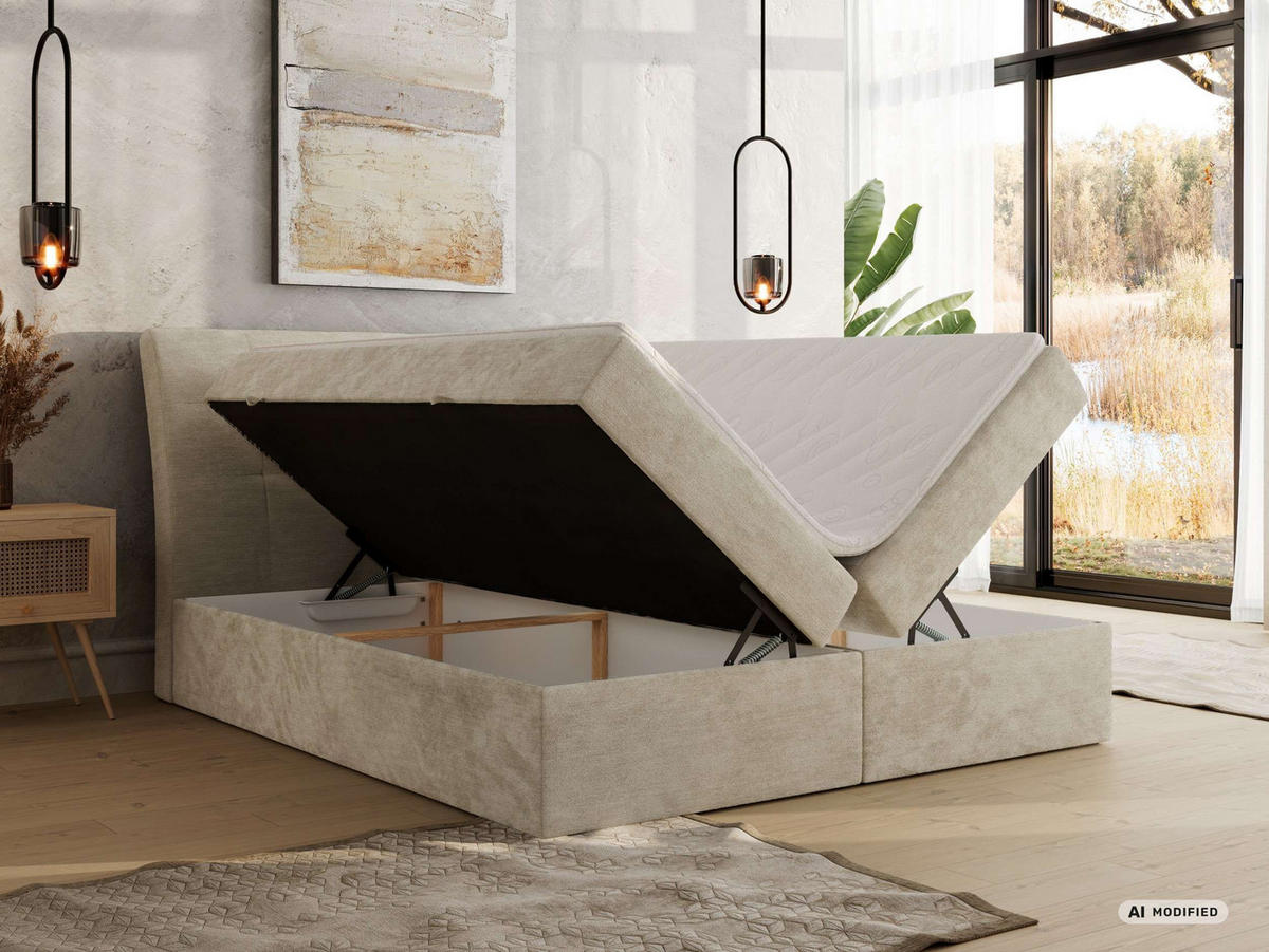 BOXBETT DAGOS 160/200 - Beige Schenille glatt - Topper Visco - H4 - Beige, Textil (160/200cm) - MKS