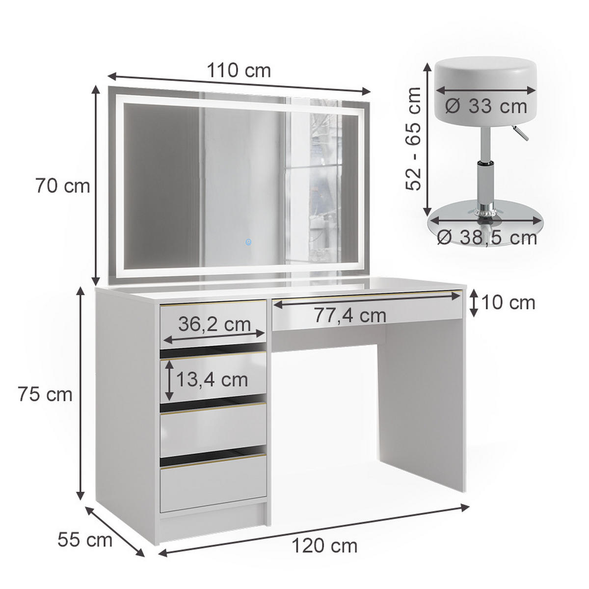 SCHMINKTISCH Sherry Weiß/Gold 120 cm mit LED-Spiegel und Hocker - Goldfarben/Weiß, Holzwerkstoff (120/75/55cm) - Vicco