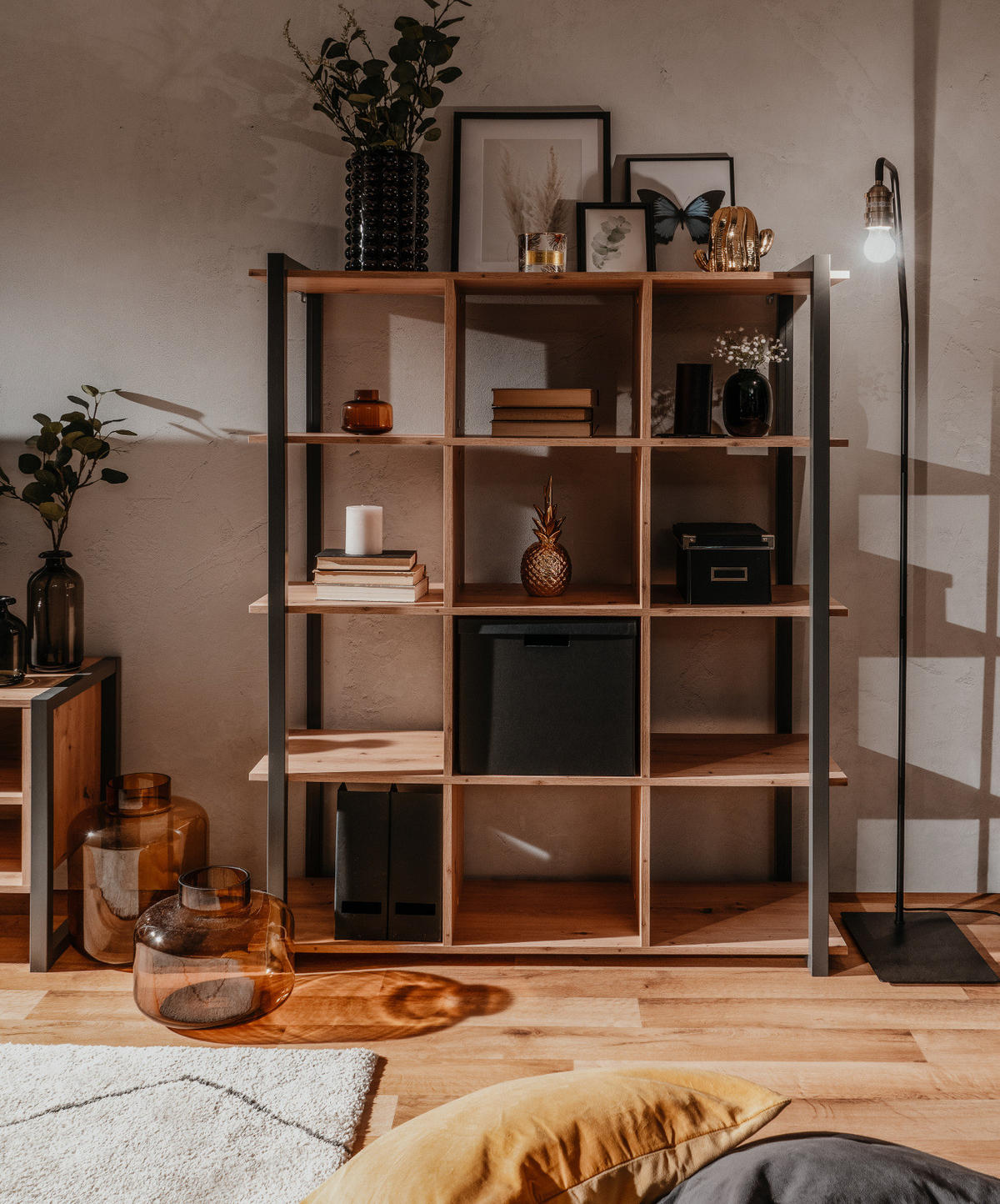 REGAL Eiche Artisan, grau 107 cm Industrial, Standregal mit 12 Fächern - Eichefarben/Anthrazit, Holzwerkstoff (107/145/40cm) - Furn.Design