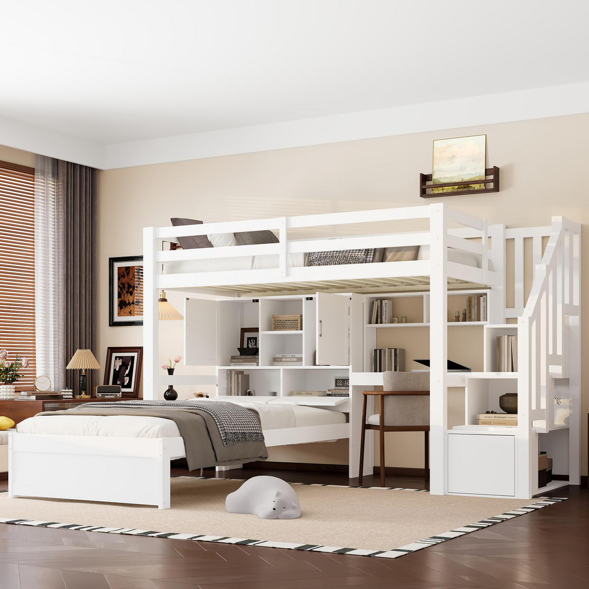 HOCHBETT 90/200 cm Weiß mit Schreibtisch Treppe und Stauraum aus Kiefer und MDF - Weiß, Holzwerkstoff (90/200cm) - OKWISH