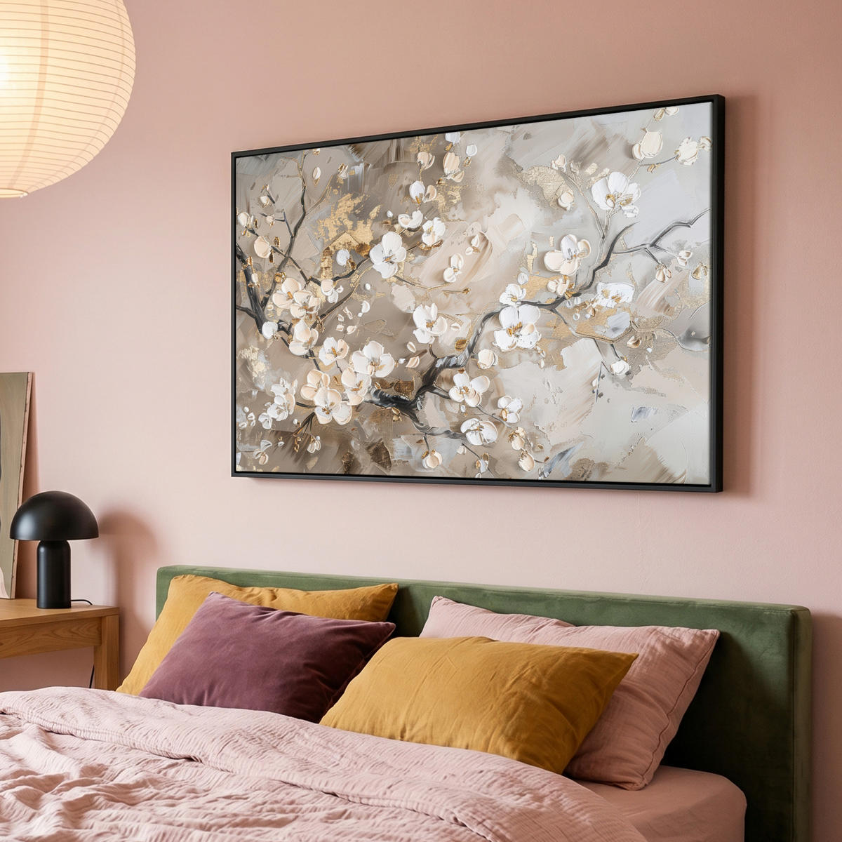 LEINWAND Bilder mit Rahmen - Blumen - Weiß - Gold - Beige - Luxus - 140x90 - Greige, Textil (140/90cm) - MuchoWow