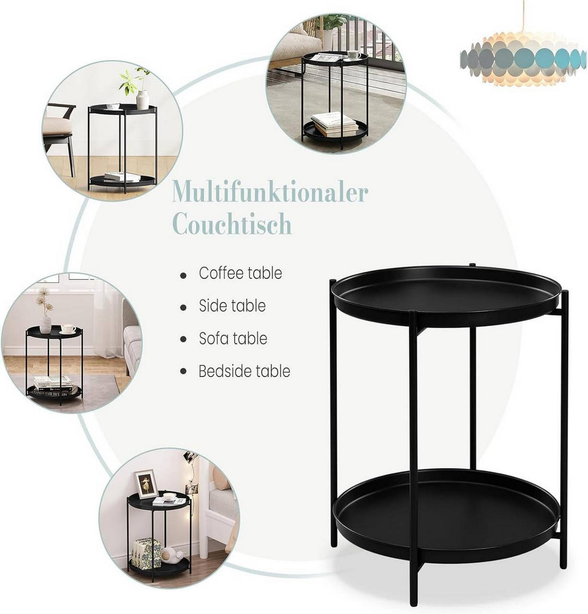 COUCHTISCH rund, mit Stauraum, Metall, Schwarz - Schwarz, Metall (44/44/53cm) - Woltu