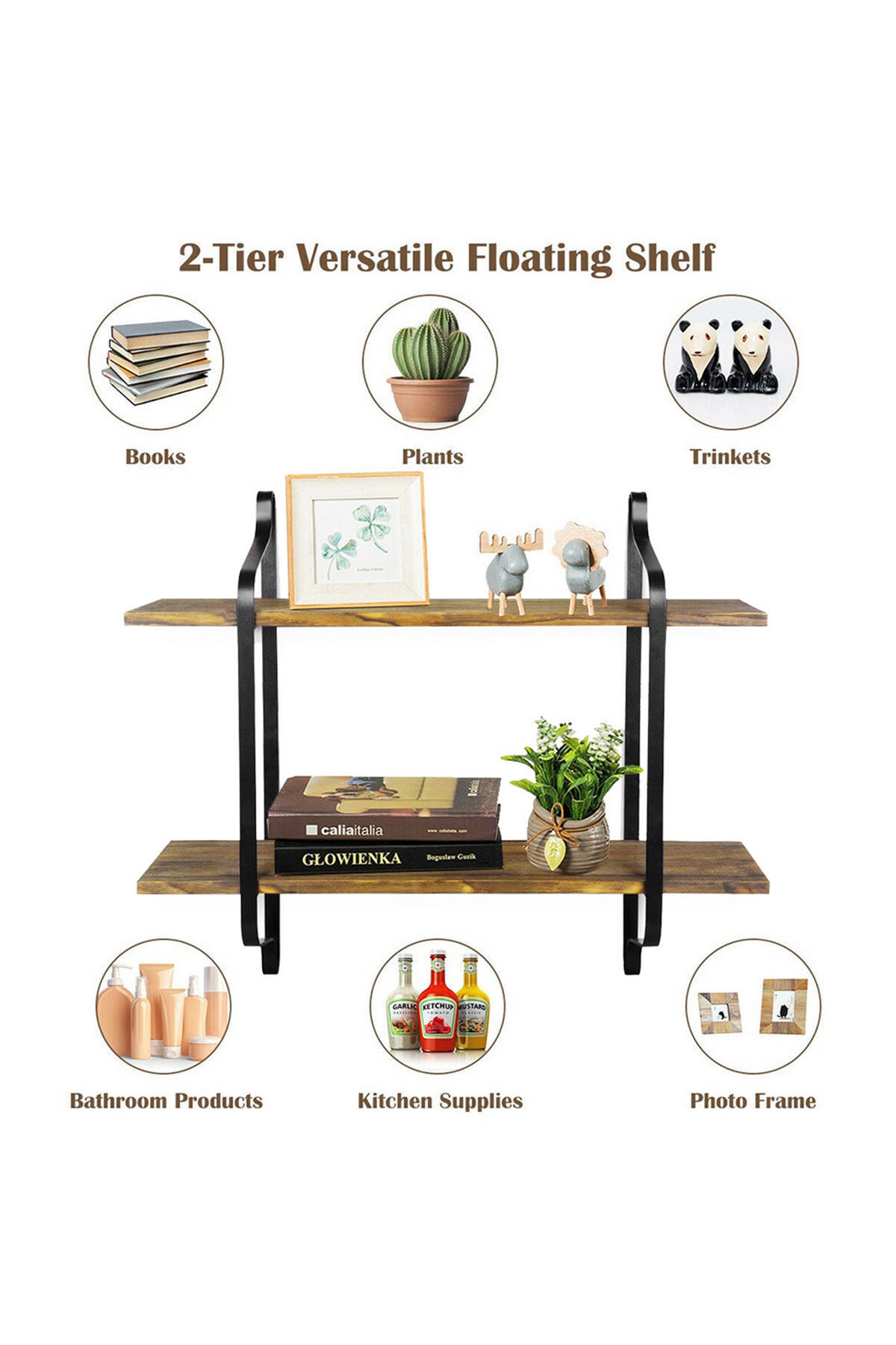 WANDREGAL 2-Stufig Wandmontage aus Metall Holz in Schwarz Braun Platzsparend Einfache Montage 60 x 15 x 51,5 cm - Schwarz/Braun, Holz/Metall (60/51.5/15cm) - Livingandhome