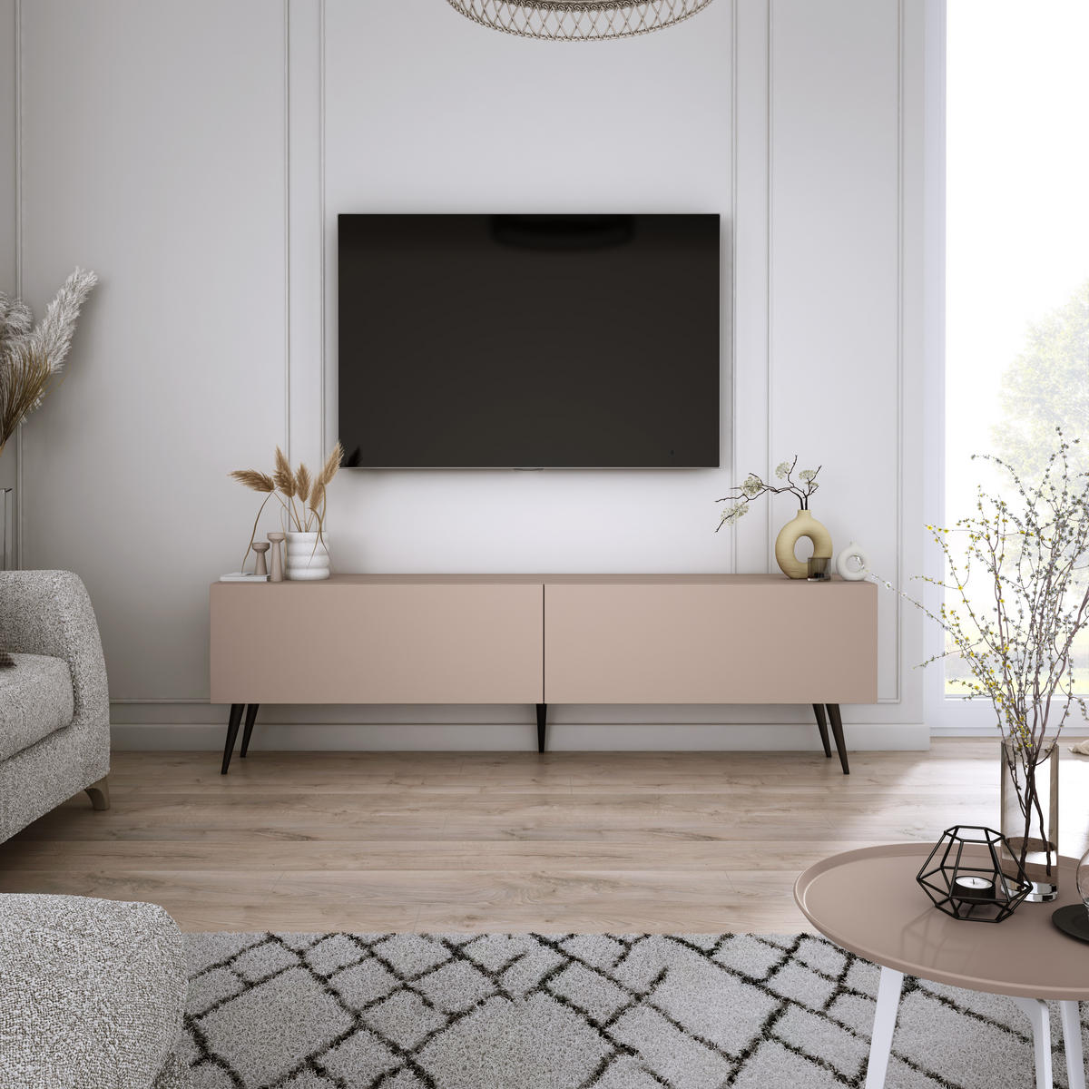 TV-SCHRANK : Karamellbraun, 140 x 52 x 32 cm, schwarze Beine - Schwarz/Braun, Holzwerkstoff/Metall (140/52/32cm) - 3XE LIVING