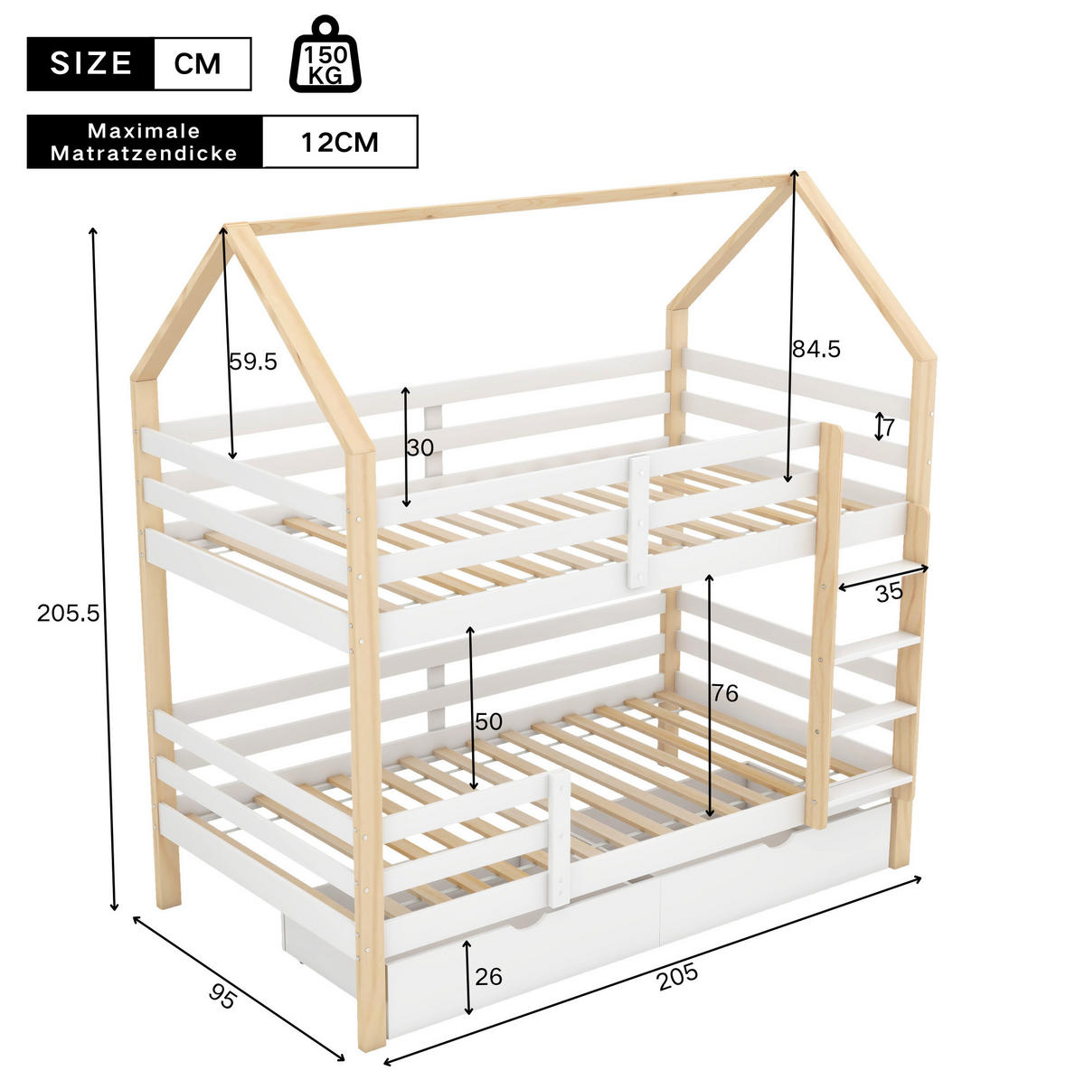 KINDERBETT 90/200 cm in Hausform aus Kiefernholz mit Schubladen - Weiß, Holz (90/200cm) - BEAOK