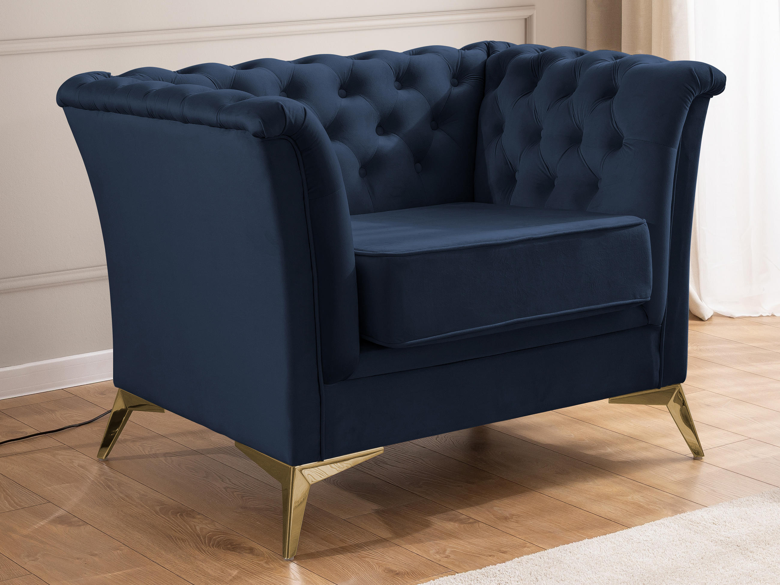 CHESTERFIELD-SESSEL Whitby Marineblau Samt mit goldenen Füßen - Goldfarben/Dunkelblau, Holz/Textil (116/78/82cm) - S-Style Möbel