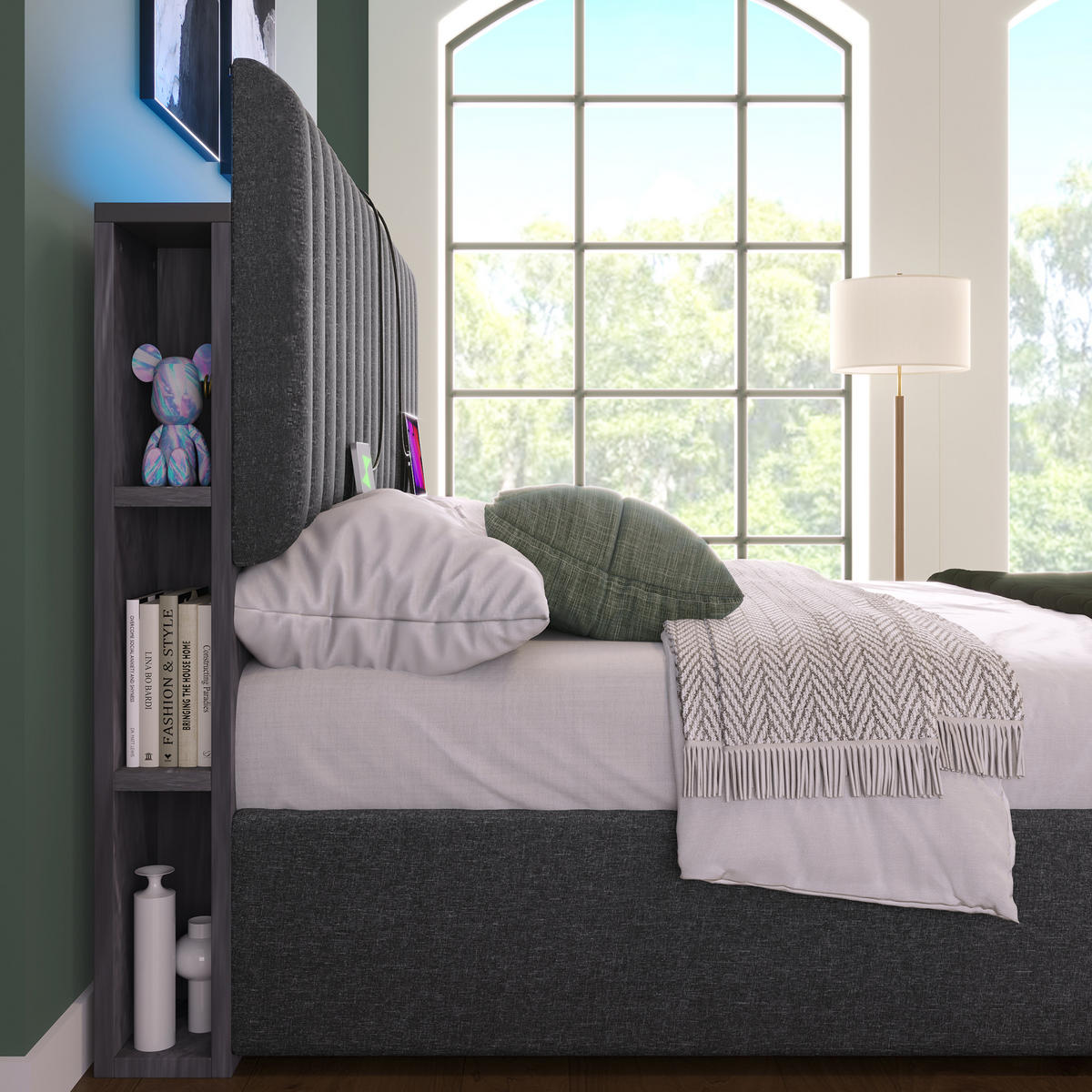 POLSTERBETT 140/200 cm Grau LED-App-Steuerung mit Stauraum und verstellbarem Kopfteil mit Matratze - Grau, Textil (140/200cm) - OKWISH