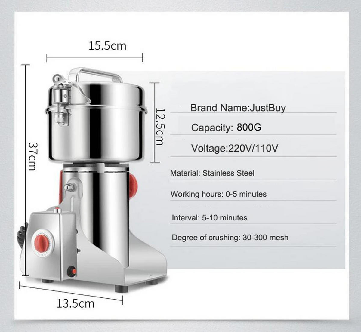 GETREIDEMÜHLE 800G 3000W Kräuter Kaffee Gewürze Trockenmühle - Silberfarben, Metall (13.5/37/15.5cm) - Bextcok
