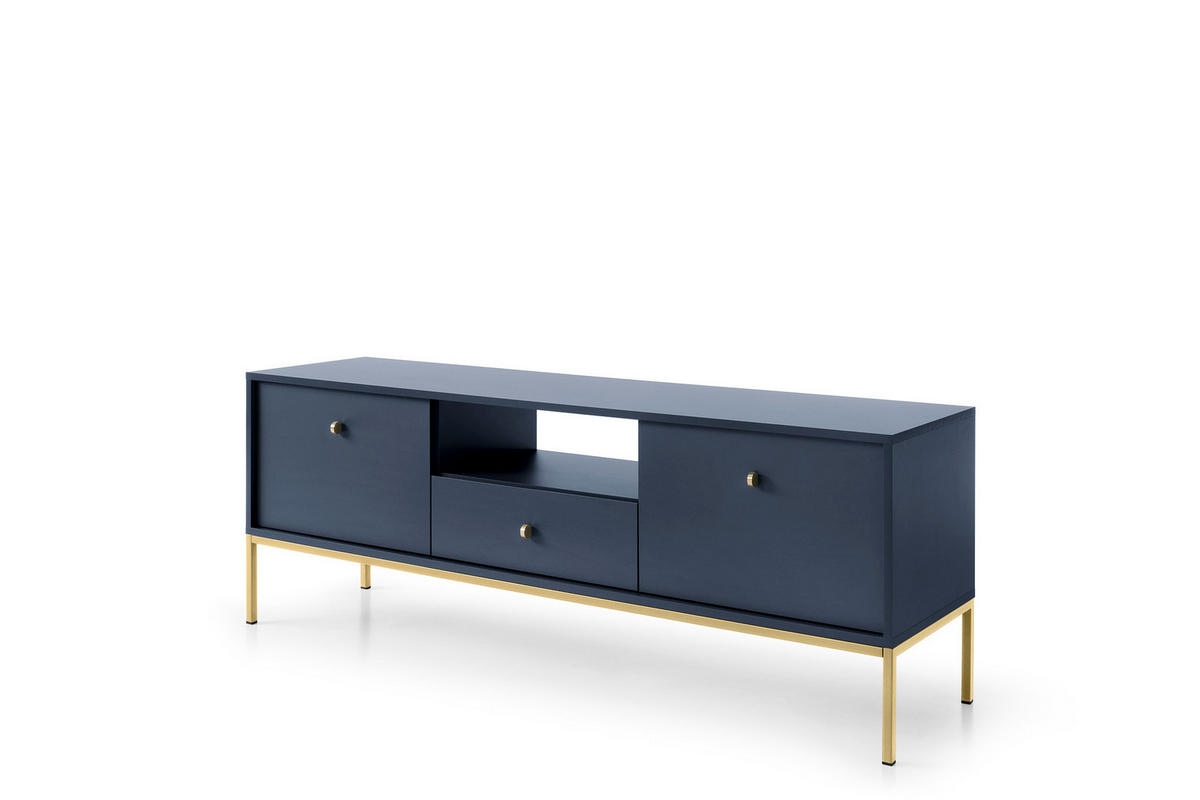 TV-SCHRANK Molly Dunkelblau, Goldene Beine, TV-Tisch mit Schublade - Goldfarben/Dunkelblau, Holzwerkstoff/Metall (154/56/39cm) - Bettso