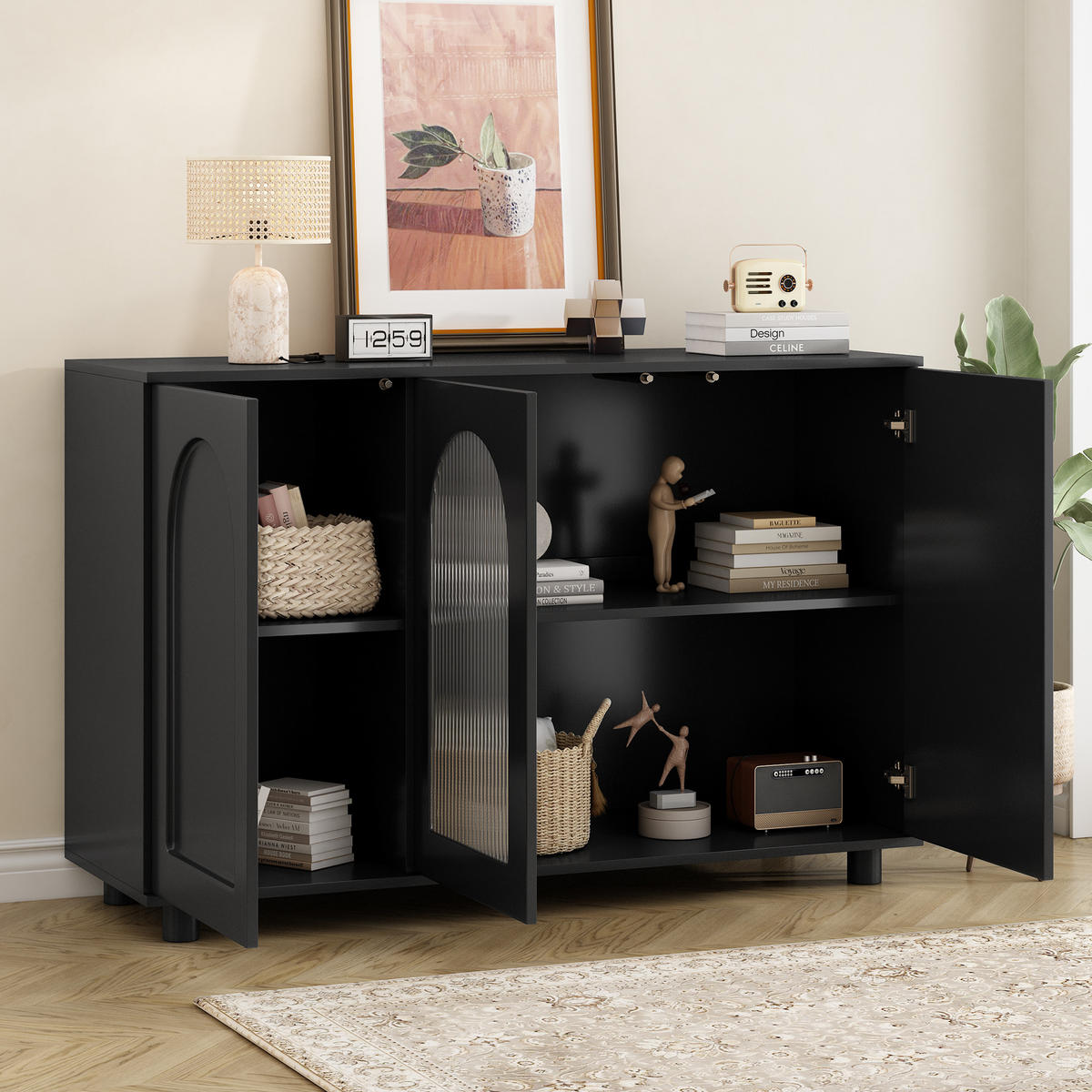 SIDEBOARD in Schwarz mit 3 Türen & Glaseinsatz – griffloses Design - Schwarz, Holzwerkstoff (120/78.5/40cm) - BEAOK