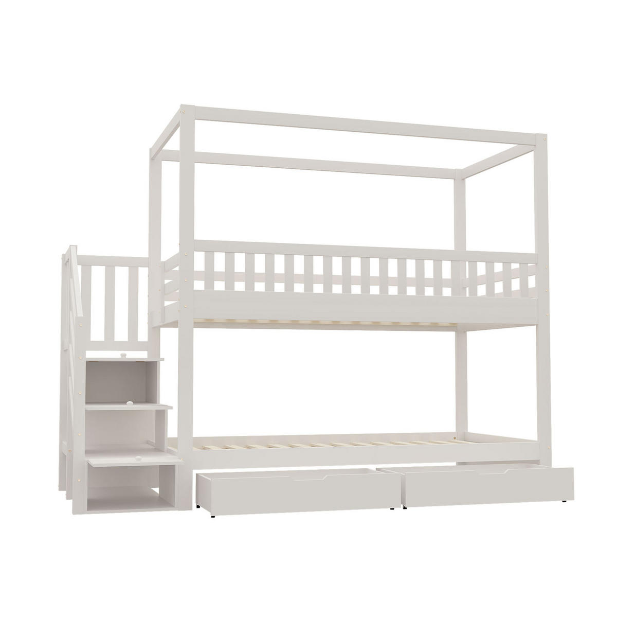 ETAGENBETT 90/200 cm mit Sicherheitsleiter, Schubladen und Hausform, Weiß - Weiß, Holzwerkstoff (90/200cm) - Redom