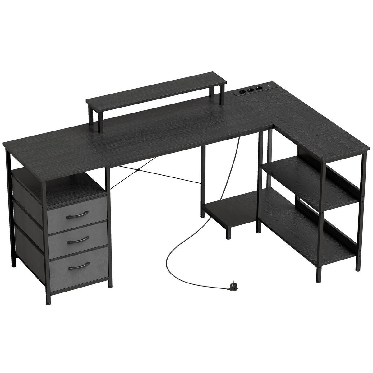 SCHREIBTISCH 170cm, umkehrbarer Eckschreibtisch, Steckdose, Stauraum - Schwarz, Holzwerkstoff (100/170/91cm) - Gisaae
