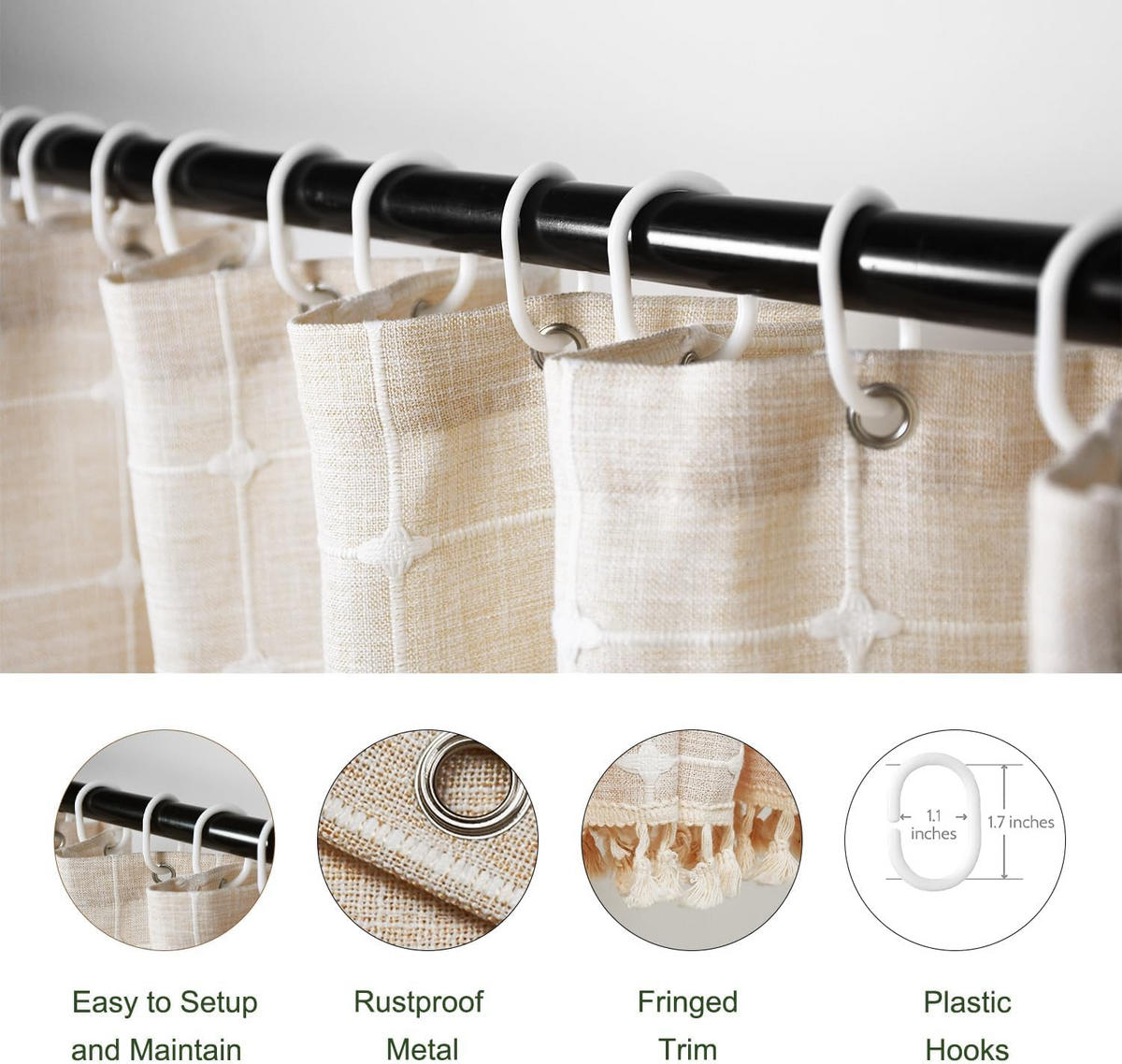 DUSCHVORHANG Beige kariert Boho Leinen Polyester dekorativ mit Haken - Weiß, Textil (90/180cm) - MCBOSON