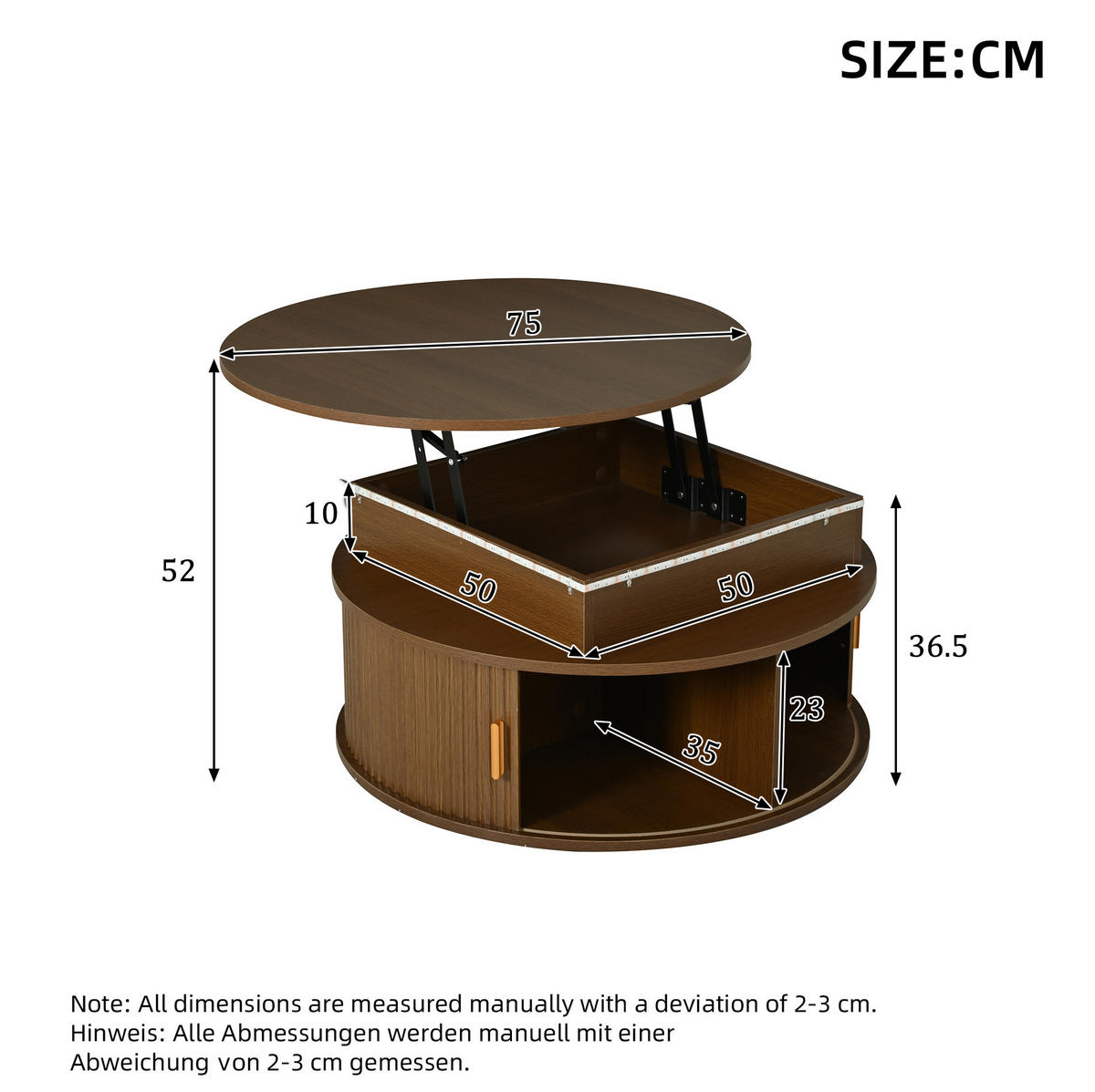 COUCHTISCH 75/75/52 cm aus MDF, höhenverstellbar mit LED-Beleuchtung, Rollladentüren und Stauraum, Walnussfarben - Nussbaumfarben, Holzwerkstoff (75/75/52cm) - Redom