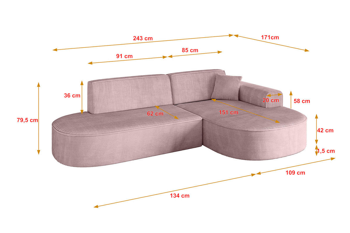 ECKSOFA Ottomane Rechts MARI-L1 - 243x171x79 cm Rosa Cord - Schwarz/Rosa, Holzwerkstoff/Kunststoff (234/163cm) - ALTDECOR