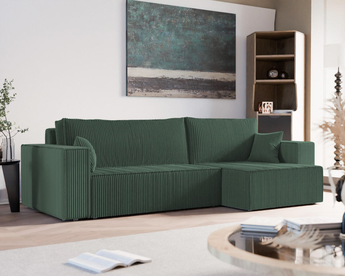 ECKSOFA mit Schlaffunktion und Bettkasten, Grün - Grün, Holzwerkstoff/Textil (145/276cm) - Idohome