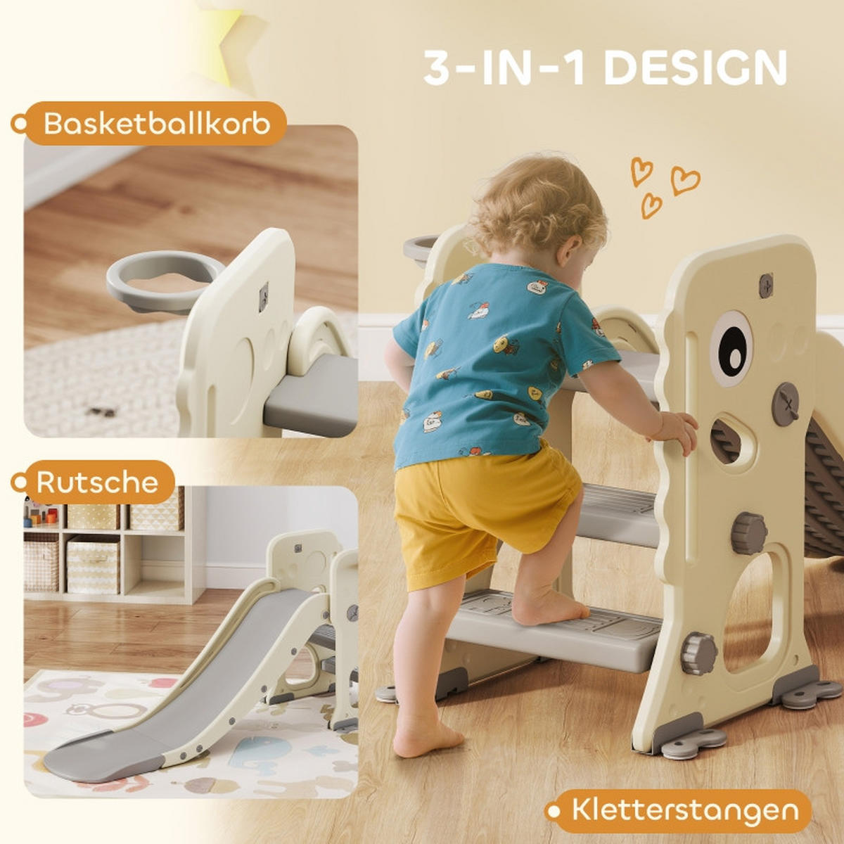 KINDERRUTSCHE 3-in-1 mit Klettergerüst und Basketballkorb faltbar für 2–5 Jahre - Ecru, Kunststoff (52/65/146cm) - Korfee
