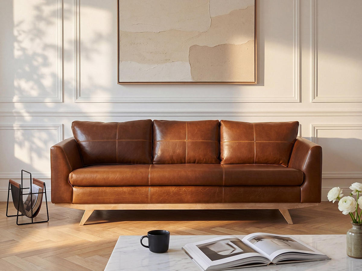SOFA - 3 Personen - leder - braun Alegan - Braun, Leder/Holz (213/82/90cm) - Vente-Unique