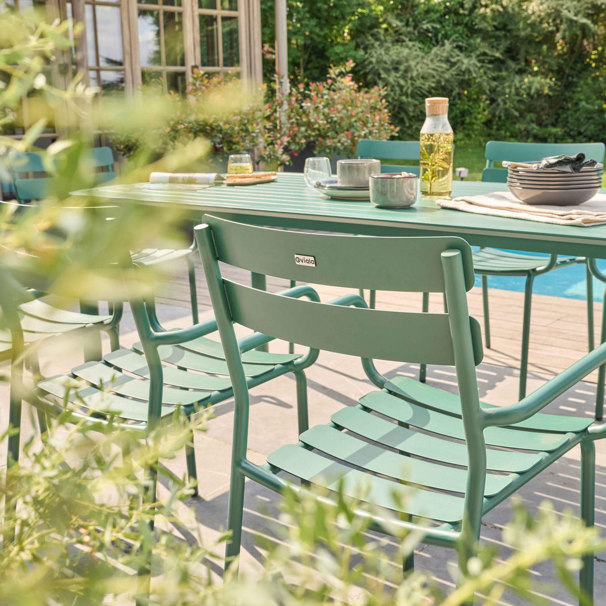 GARTENSET (185 x 92cm) und 8 Stühle, Dunkelgrün - Dunkelgrün, Metall - Oviala