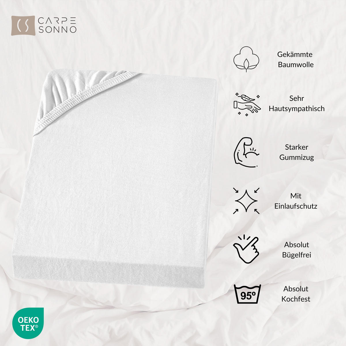 SPANNBETTLAKEN-BOXSPRINGBETT 180x200 - 200x200 Jersey Spannbetttuch 100% Baumwolle, Bettlaken Uni Weiß - Weiß, Textil (200/200cm) - Carpe Sonno