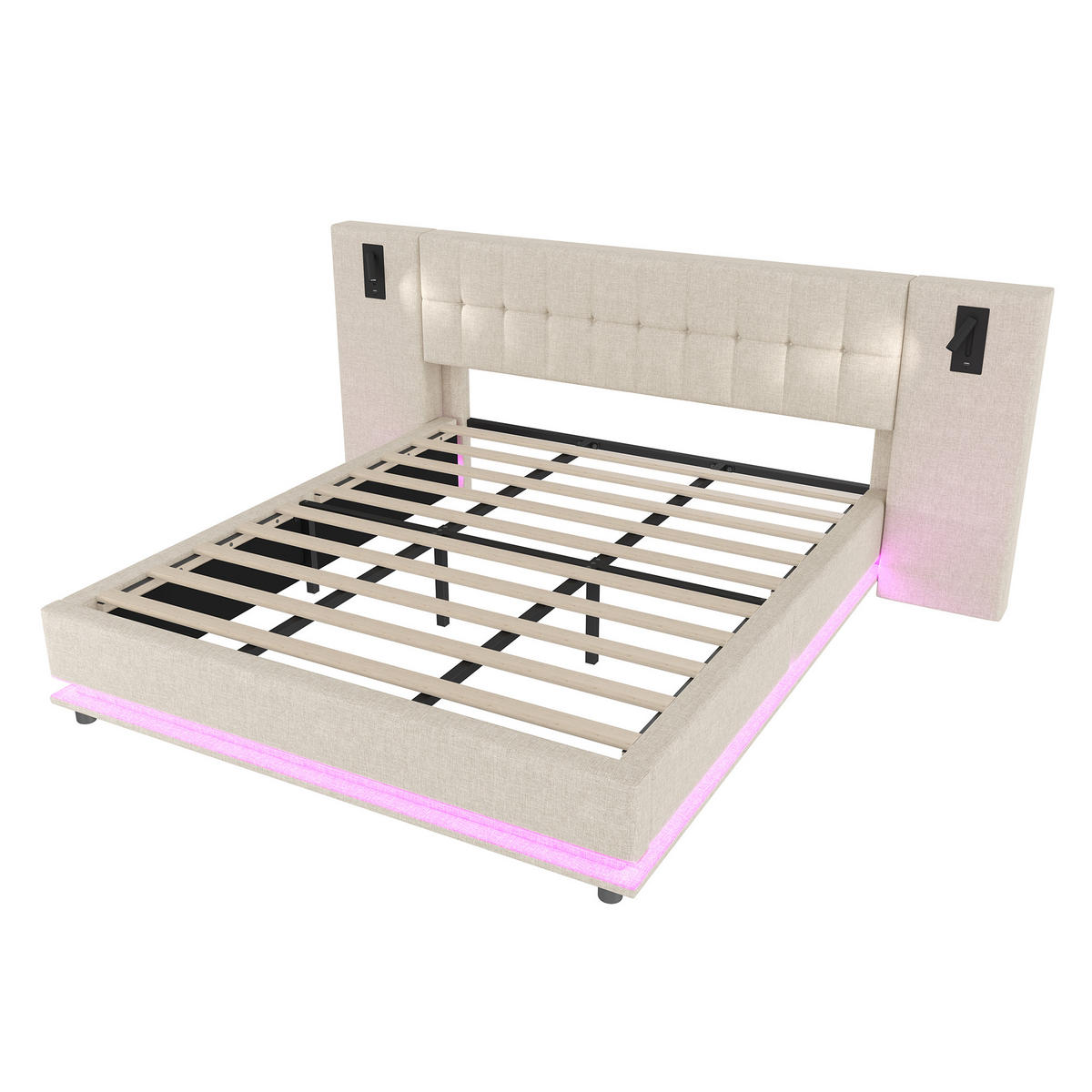 POLSTERBETT 180/200 cm Beige mit LED-Beleuchtung, Spot und USB-Anschluss aus Leinen - Beige, Textil (180/200cm) - OKWISH