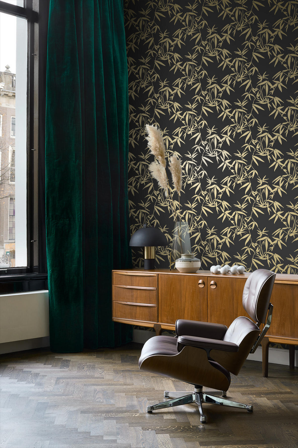 TAPETE Bambusblätter 53 cm x 10.05 m - Schwarz, Papier (53/1000cm) - Origin Wallcoverings