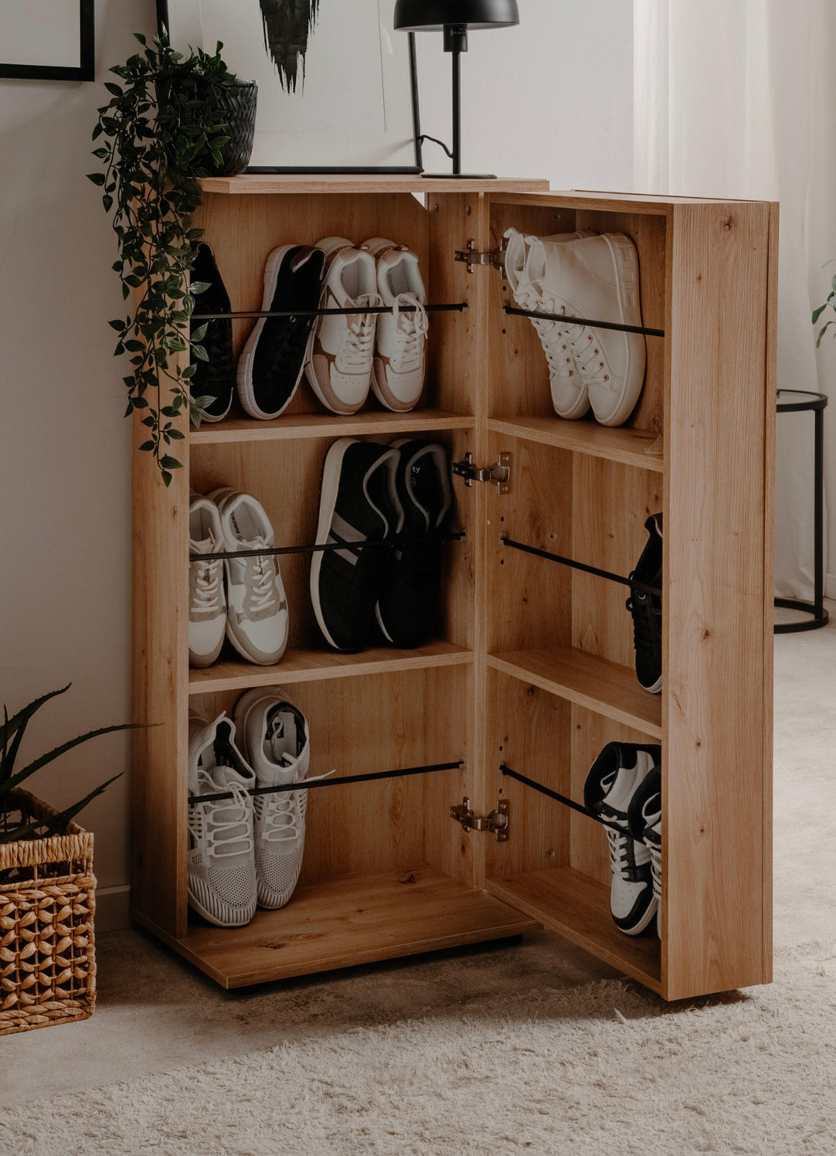 SCHUHSCHRANK Eiche Artisan 50 x 110 cm, Schuhkommode klappbar mit 6 Fächern - Schwarz/Eiche Artisan, Holzwerkstoff/Kunststoff (50/110/34cm) - Furn.Design