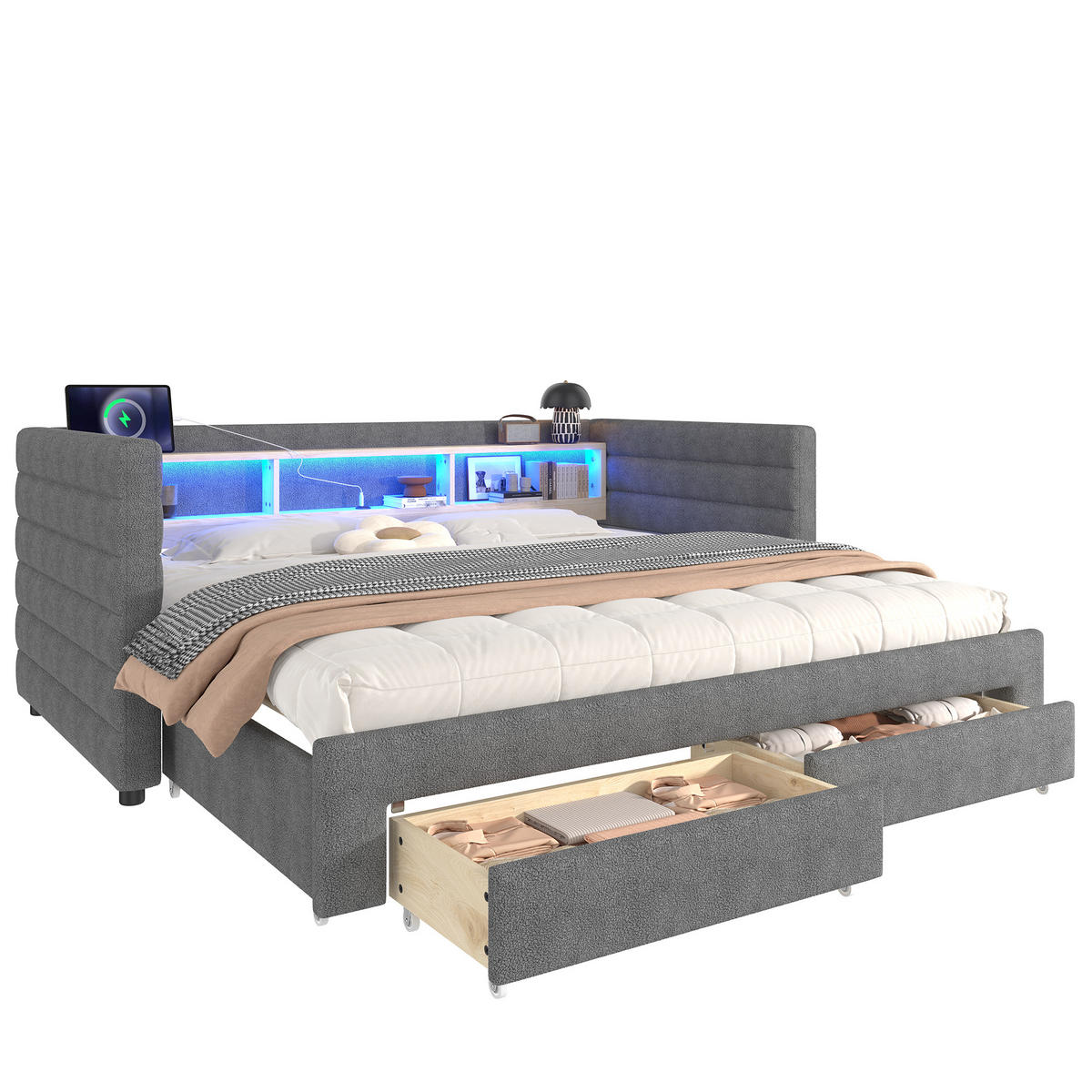 TAGEBETT 90x190cm Grau Samt Ausziehbett 2 Schubladen USB-C LED-Licht - Grau, Holz (90/190cm) - FLIEKS