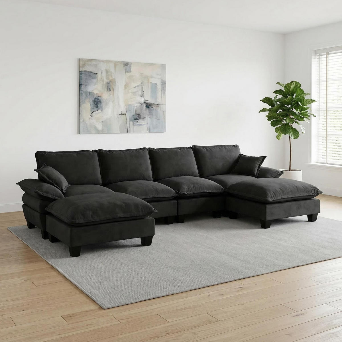 SOFA aus Chenille 334x155x90 cm in Schwarz mit Ottomanen-Modul - Schwarz, Textil (155/90/334cm) - Modfu