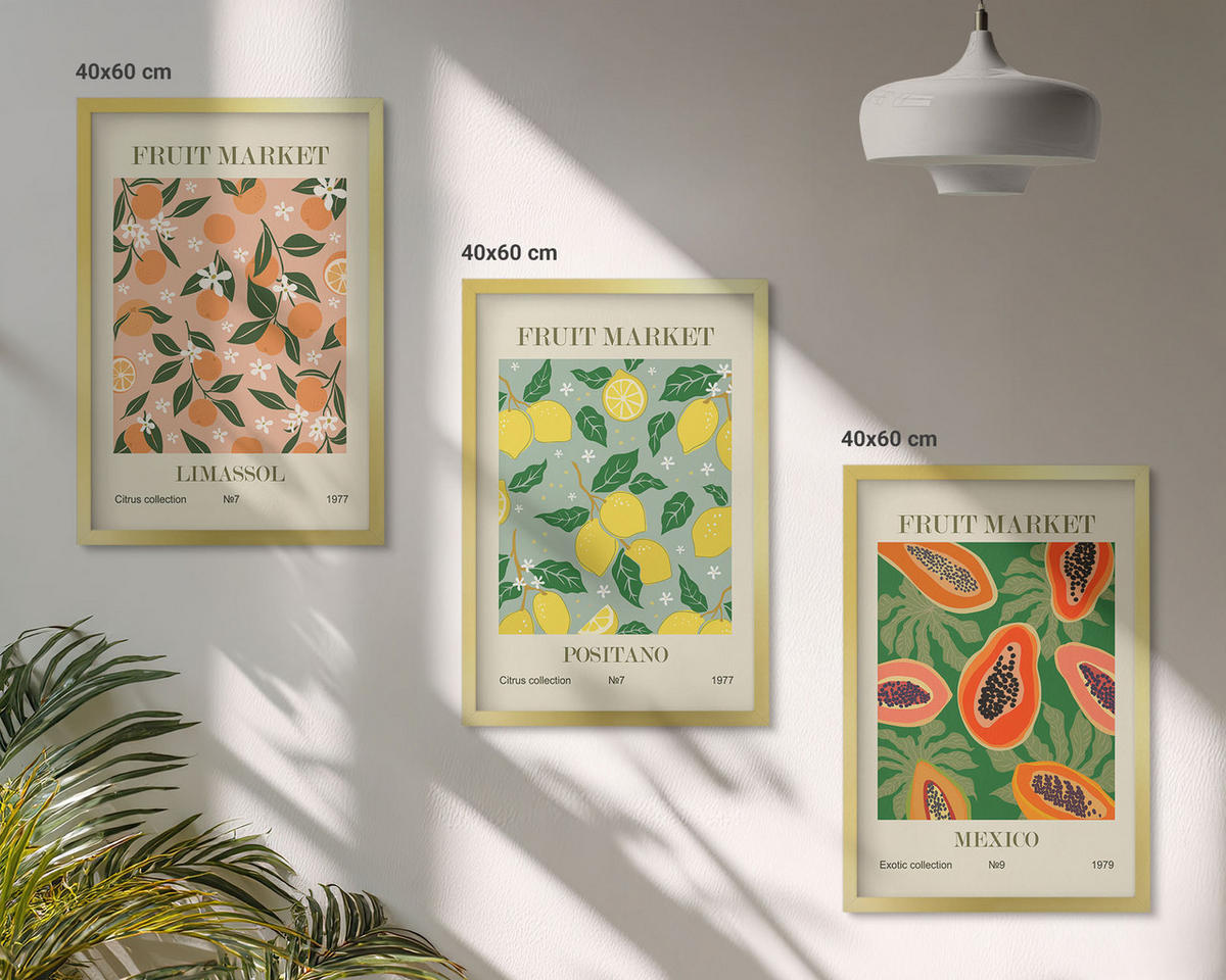BILDER SET 3er Set - 40x60 cm Goldrahmen - Zitrusfrüchte, tropischer Retro-Stil - Goldfarben, Kunststoff (40/60cm) - TULUP