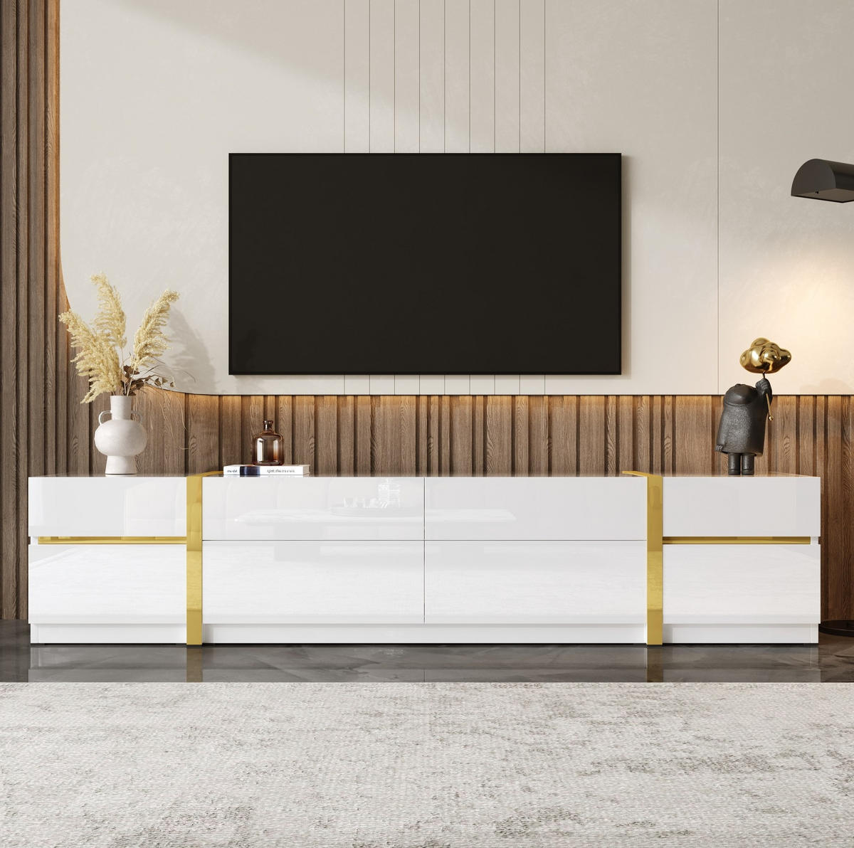 TV-LOWBOARD aus MDF und Spanplatte 180x40x38 cm Weiß mit Hochglanzfront, 4 Schubladen und 2 Türen - Weiß, Holzwerkstoff (180/38/40cm) - IVMEU