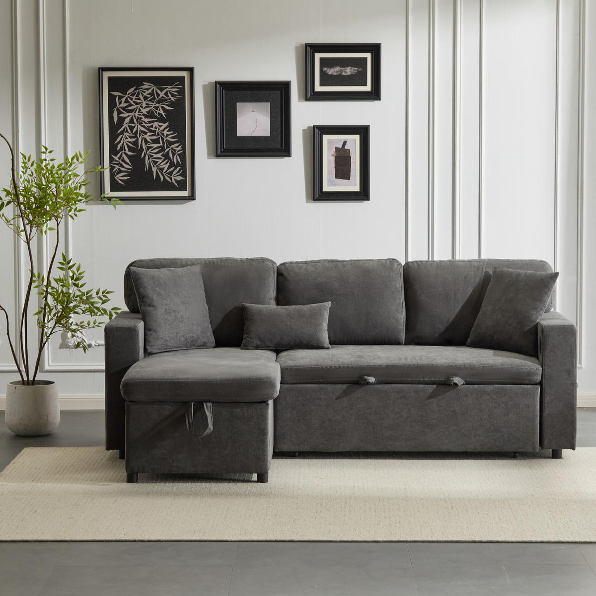 4-SITZER ECKSCHLAFSOFA Dunkelgrau mit USB, Stauraum und mit Kissen - Dunkelgrau, Holzwerkstoff/Textil (214/131cm) - WISHDOR