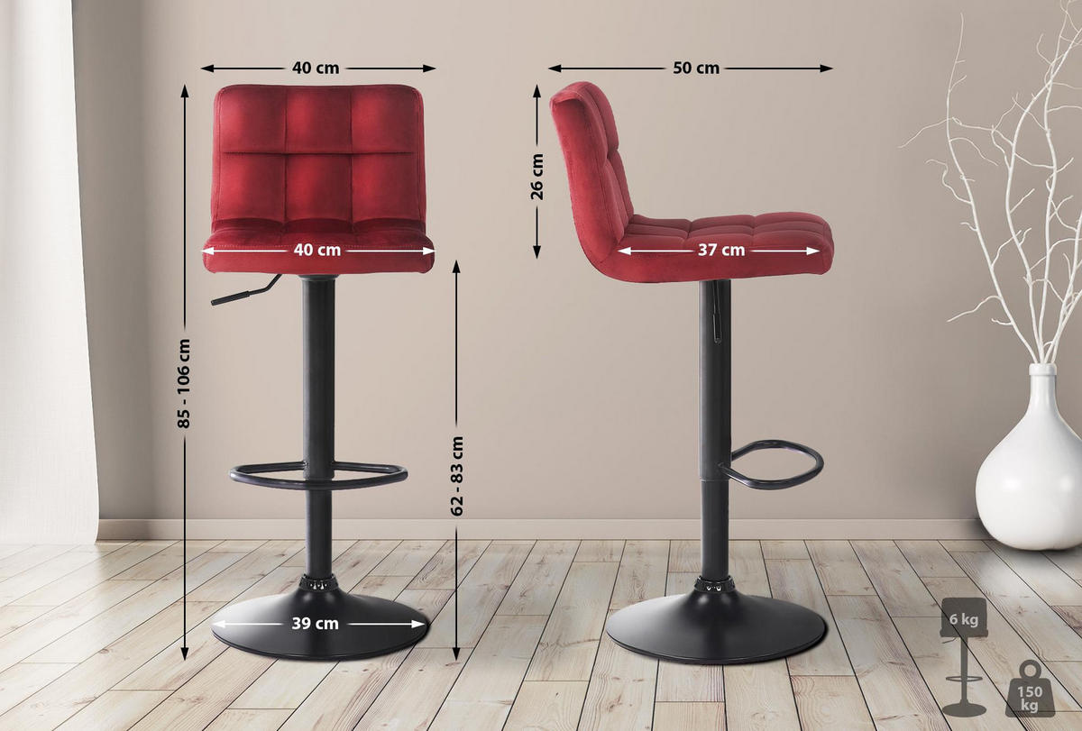 BARHOCKER 4er Set Samt Rot - Rot/Schwarz, Textil/Metall (40/85/40cm) - CLP