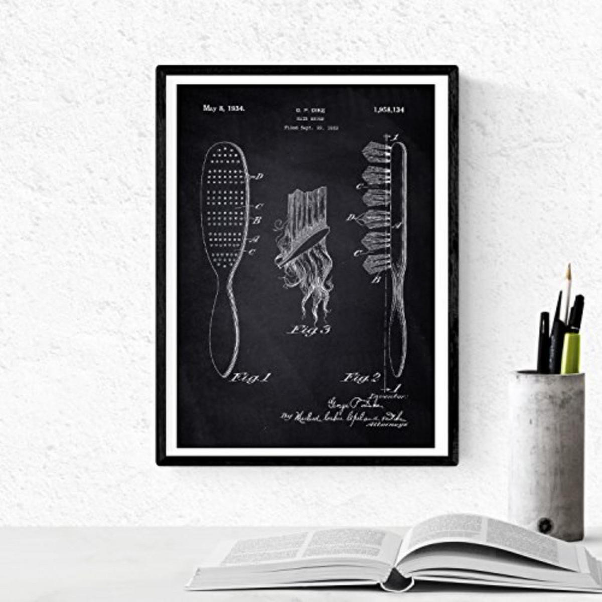 POSTER Set mit 4 Schwarz Friseurläden Patent A4 Schwarzer Rahmen - Schwarz, Papier (29.7/3cm) - Nacnic