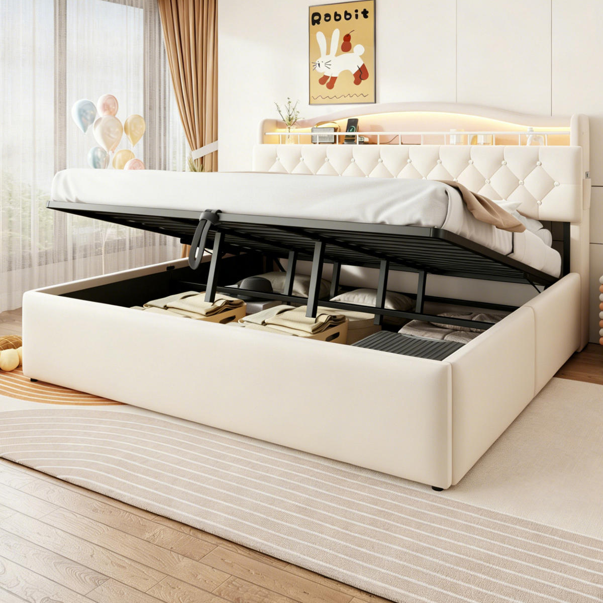 POLSTERBETT 180/200 cm aus Stoff und Metall mit Stauraum, Beige - Beige, Textil (180/200cm) - OKMYHOME