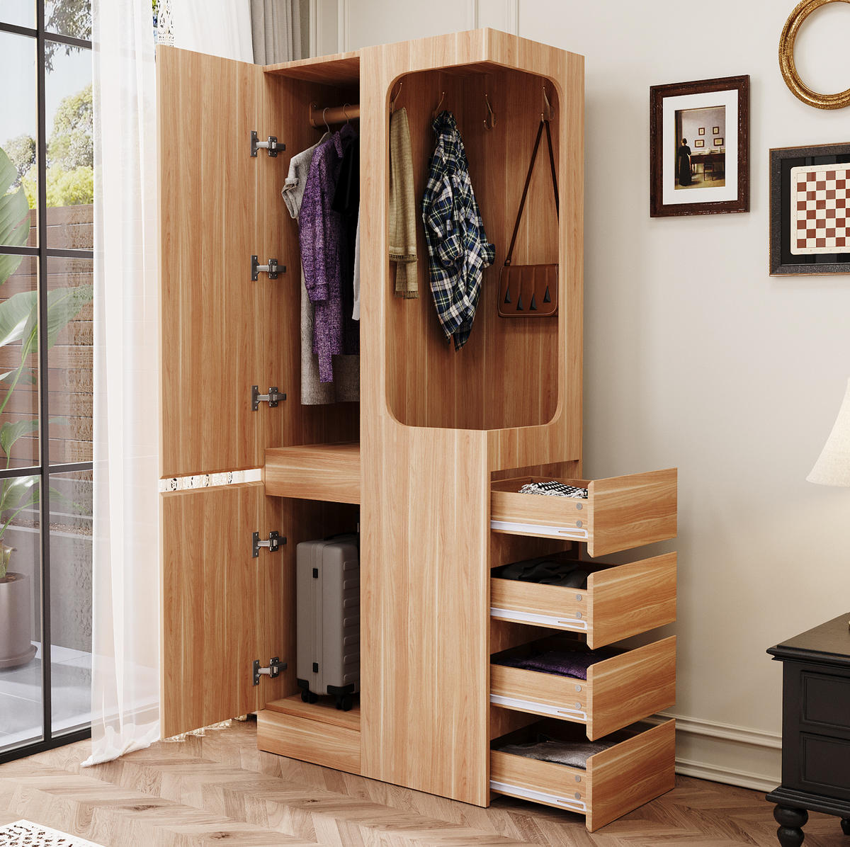 KLEIDERSCHRANK 70/170/40 cm Weiß/Holz aus Kiefer, Sperrholz und MDF mit Schubladen - Nussbaumfarben, Holzwerkstoff (40/170/70cm) - OKMYHOME