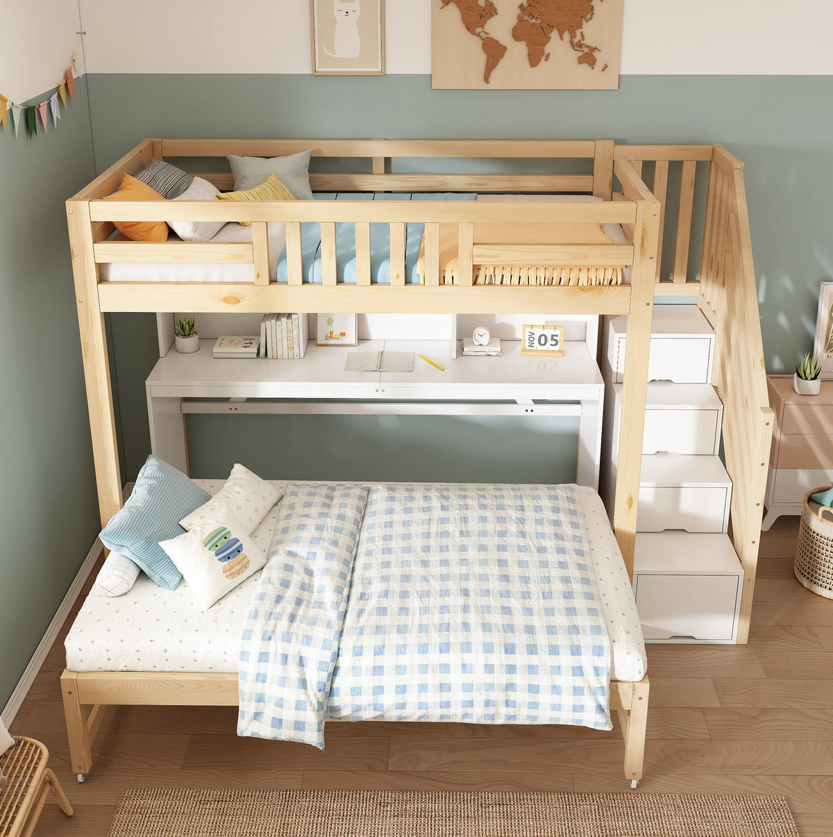 ETAGENBETT aus Kiefernholz 90x200 cm Weiß & Eiche mit Schreibtisch, Ausziehbett, Stauraum und Leiter - Eichefarben, Holz (90/200cm) - Modfu