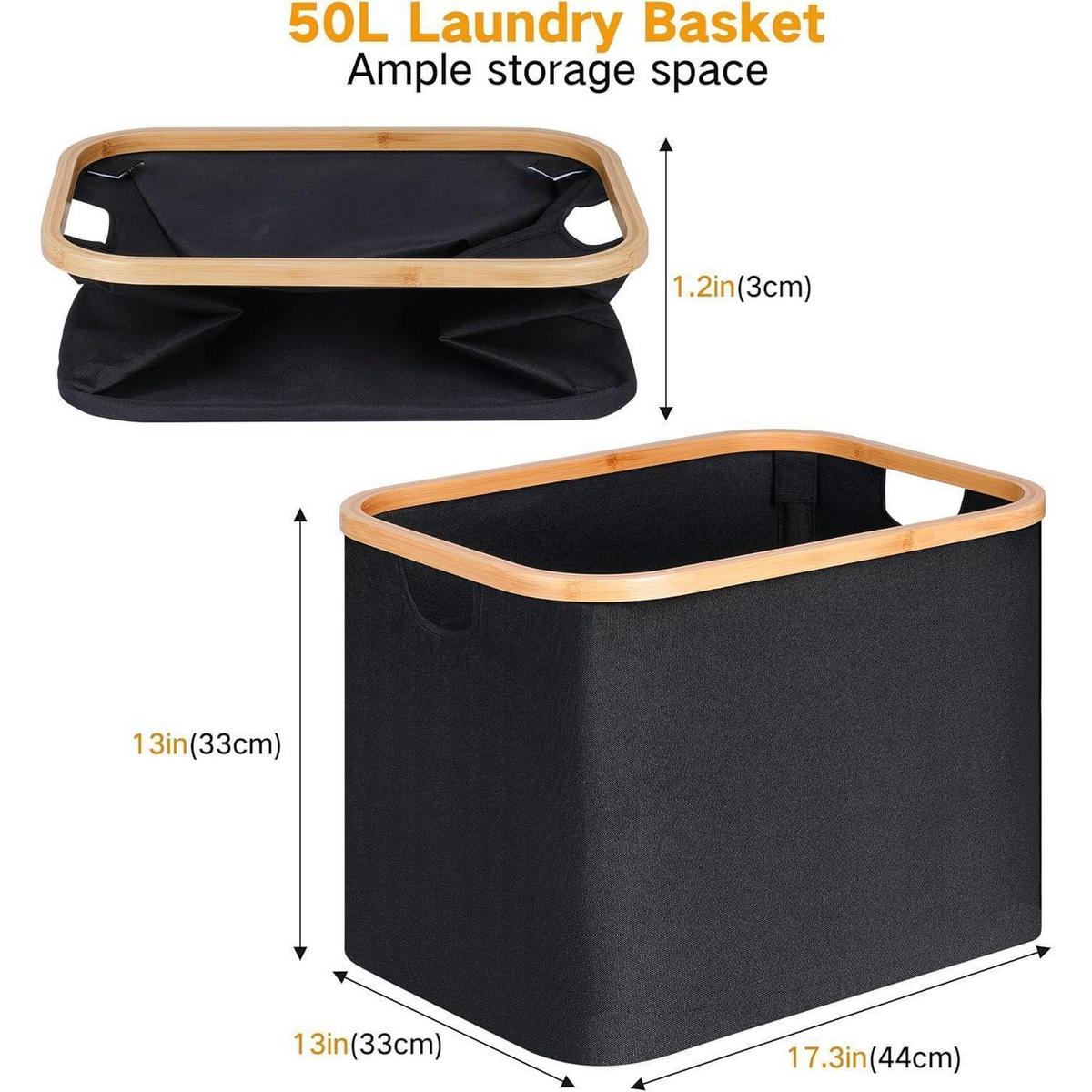 WÄSCHEKORB Bambus Stoff Schwarz 50 Liter - Schwarz, Naturmaterialien (33/33/44cm)