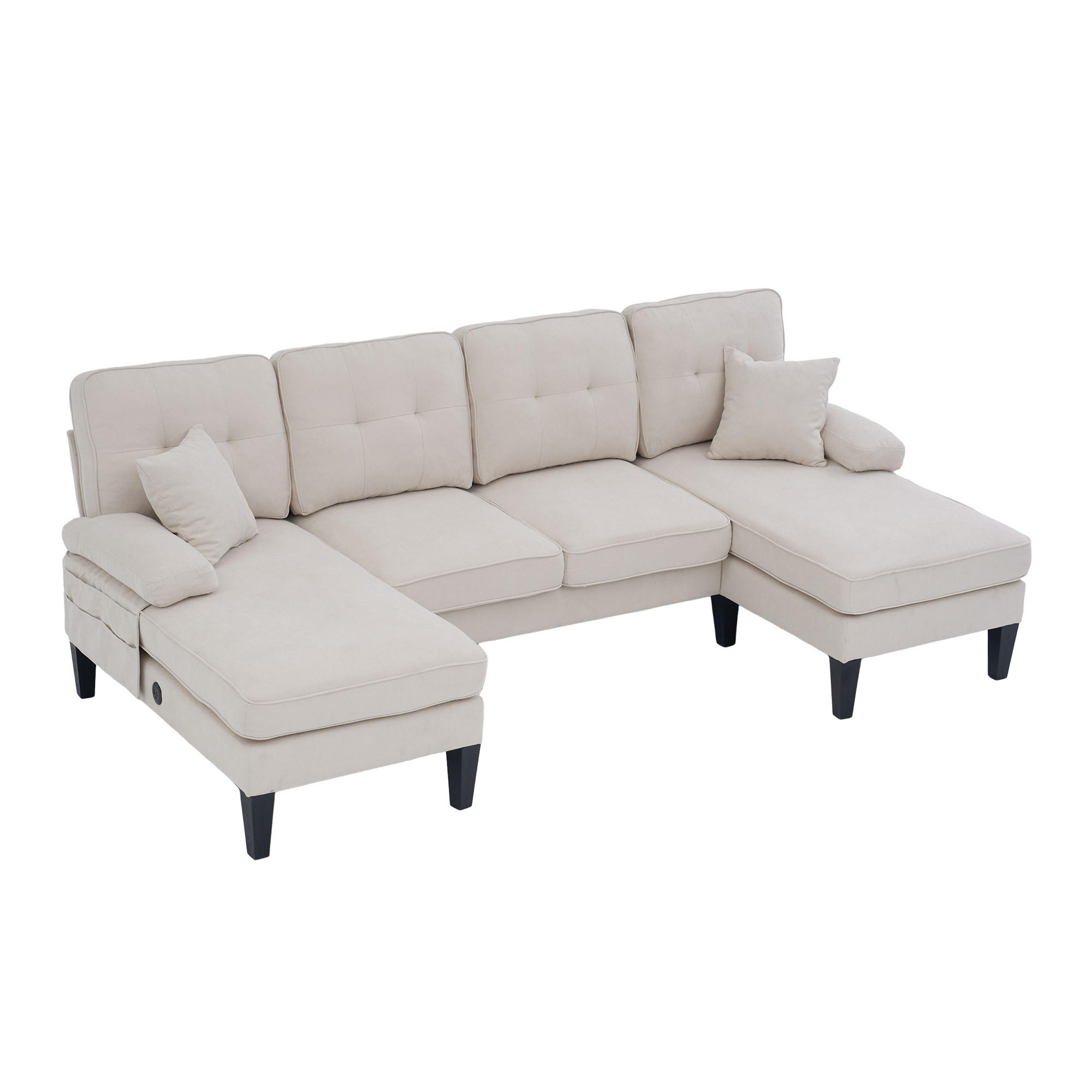 WOHNLANDSCHAFT 4-Sitzer Leinen Beige mit USB, Type-C und Seitentaschen - Beige, Textil (250/88/130cm) - WISHDOR