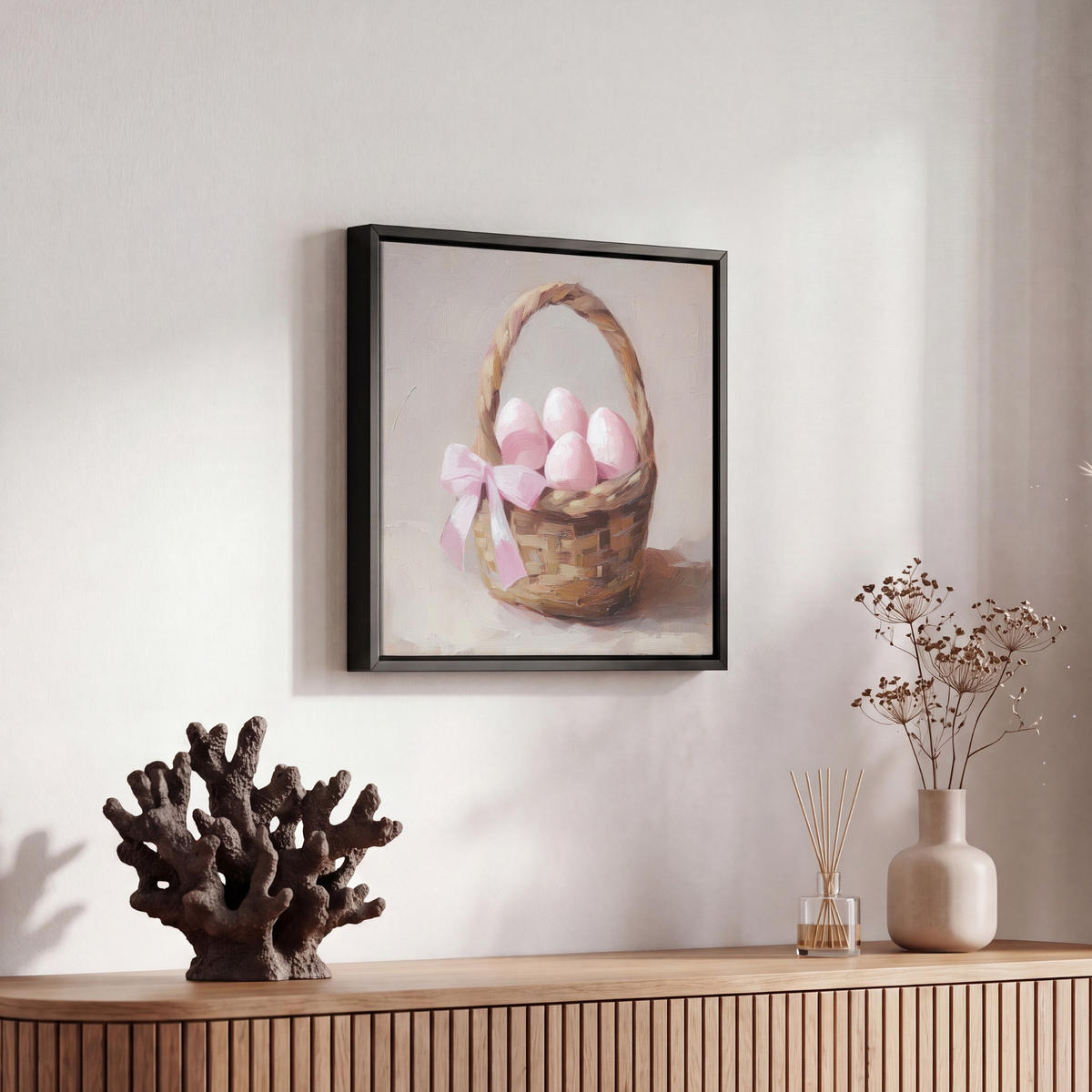 LEINWAND Bilder mit Rahmen - Korb - Eier - Rosa - 20x20 - Beige, Textil (20/20cm) - MuchoWow