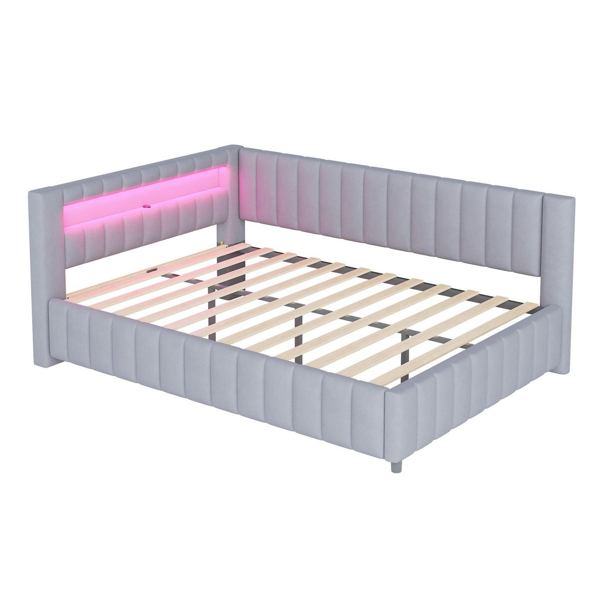 POLSTERBETT 140/200 cm aus Samt mit LED-Licht und USB, Grau - Grau, Textil (140/200cm) - OKMYHOME