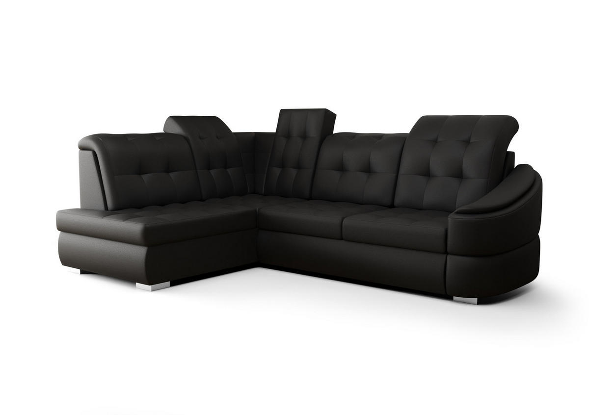 ECKSOFA KONGO RBN09, Eckcouch in L-Form mit Schlaffunktion, Farbe: Schwarz, Kunstleder, Ottomane Links - Schwarz, Textil (260/180cm) - O-Sofa