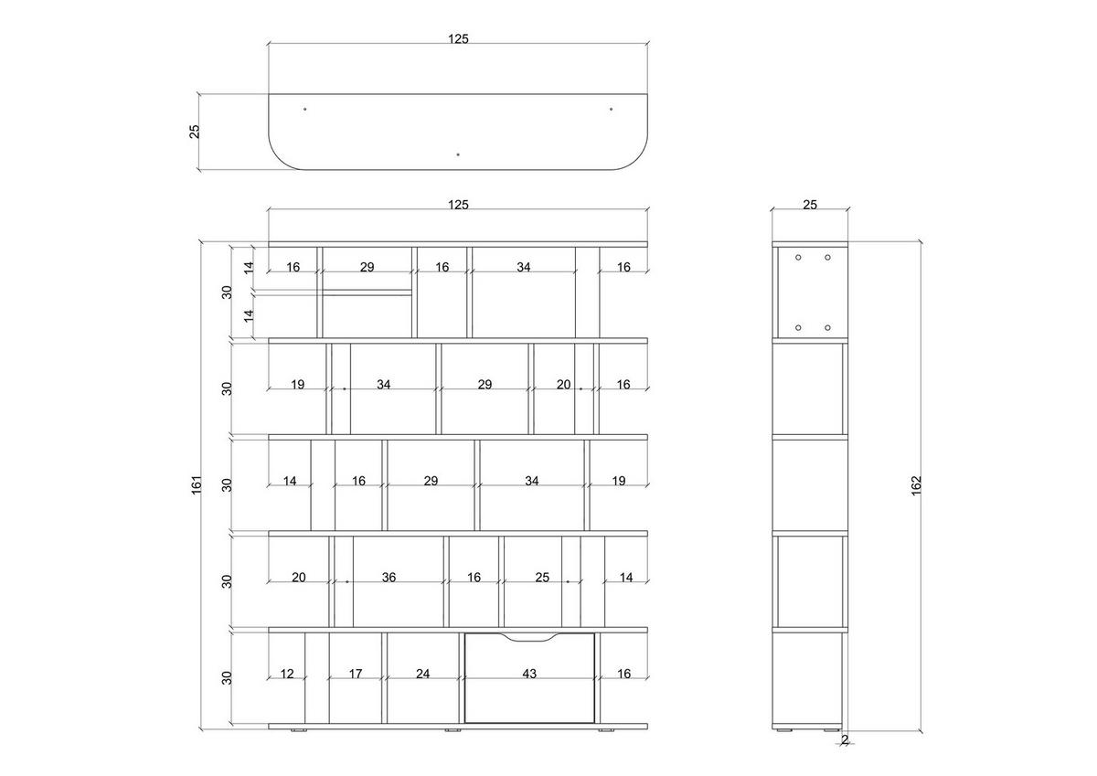 BÜCHERREGAL Sala, Weiß, Abgerundeten Kanten, 24 Fächern - Weiß, Holzwerkstoff (125/162/25cm) - Skandica