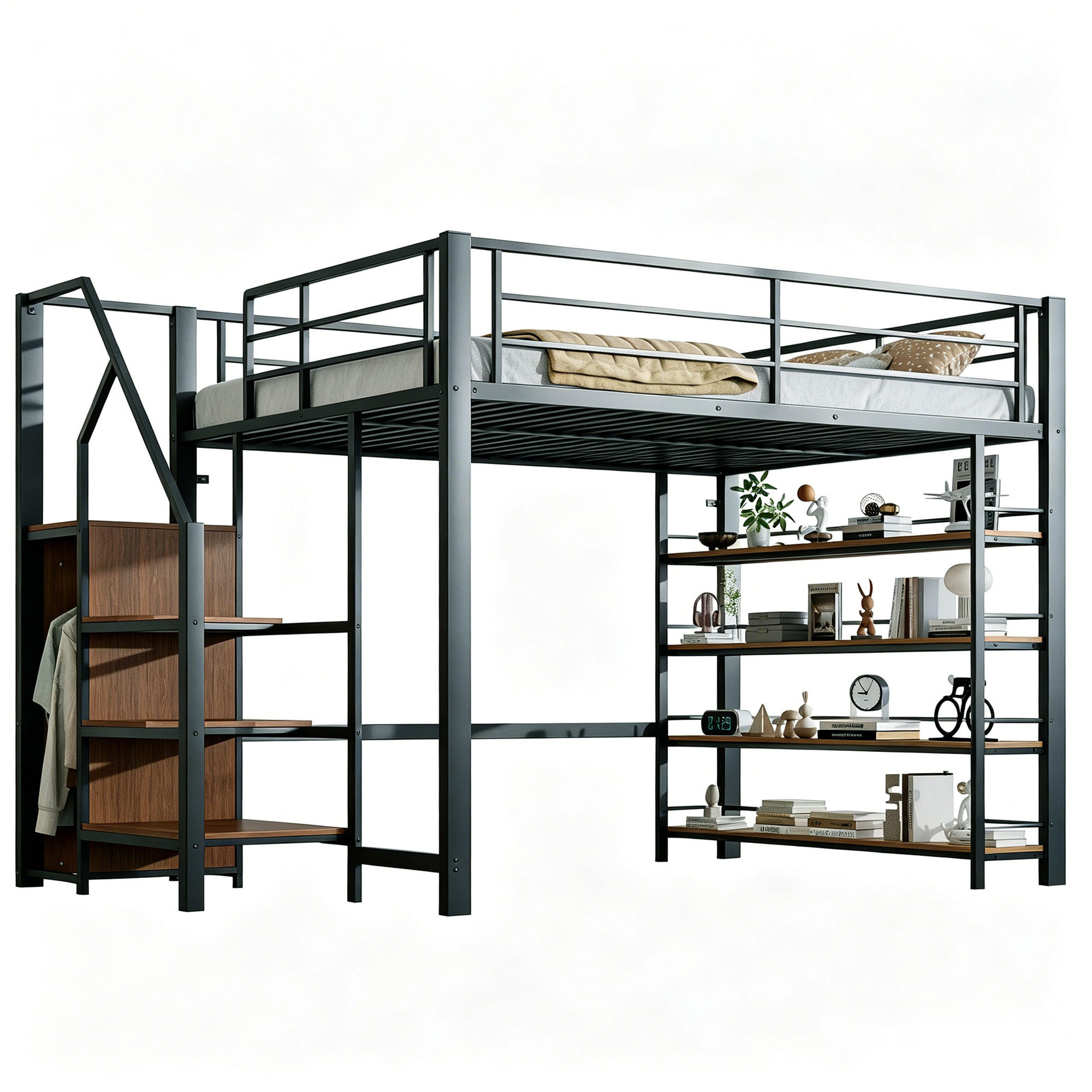 FLIEKS VYVÝŠENÁ POSTEL 140x200 cm Černá Skříň Schody Úložný prostor
